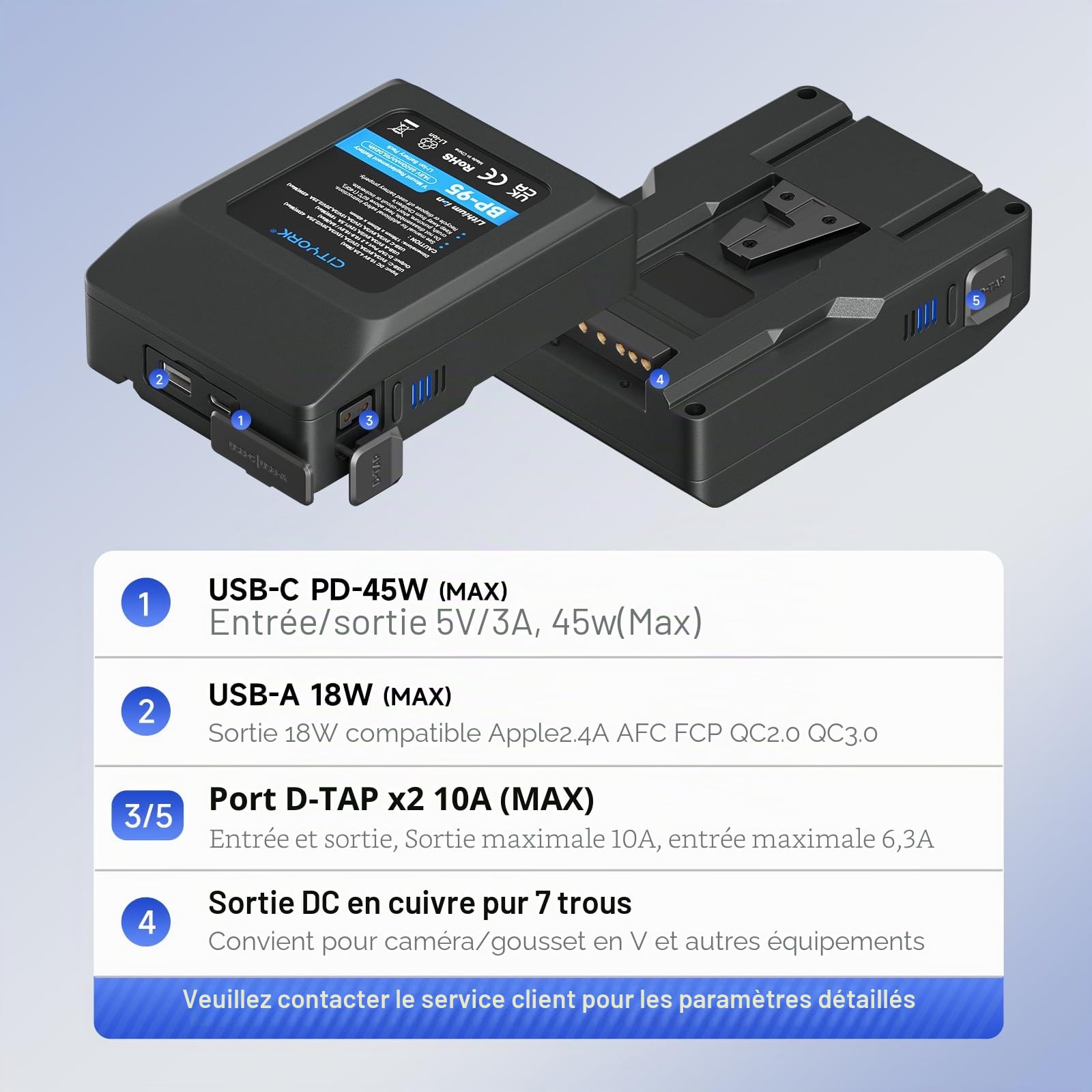CITYORK Batterie V-Mount/V-Lock 95 Wh pour Sony BP-95W avec chargeur d'entrée USB-C et câble USB-C, compatible avec caméra vidéo, caméscope, diffusion vidéo, lumière LED BP-95W