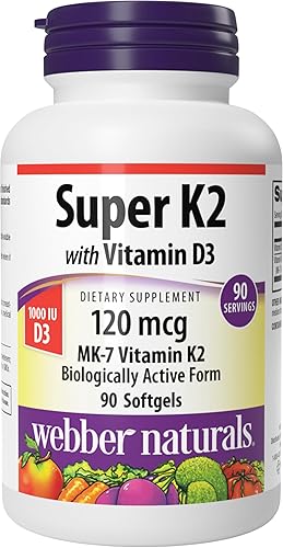 Webber Naturals Super Vitamina K2 MK-7 120 mcg con Vitamina D3, 90 cápsulas blandas, apoya los huesos, los dientes y el sistema cardiovascular