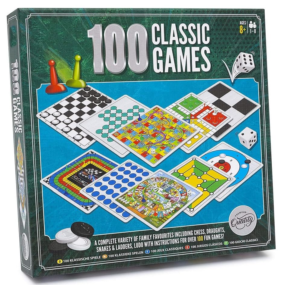 100 Classic Games Compendium | A Collection of Classic Family Board Games - Includes Chess, Draughts, Ludo, Snakes & Ladders, Solitaire Gift Idee