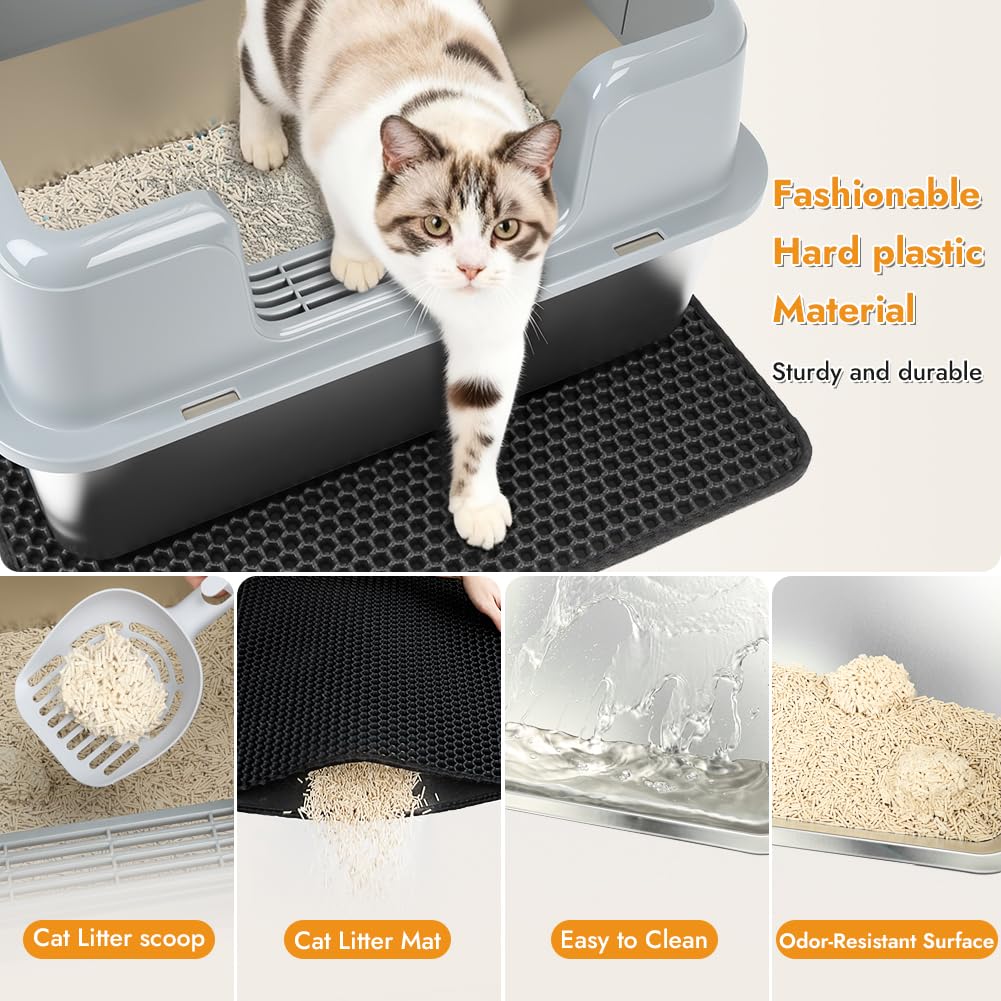 Vivifying Arenero Cerrado para Gatos de Acero Inoxidable con Tapa, Acero Inoxidable con Pala de Metal, Felpudo para Esparcir (S-gris)
