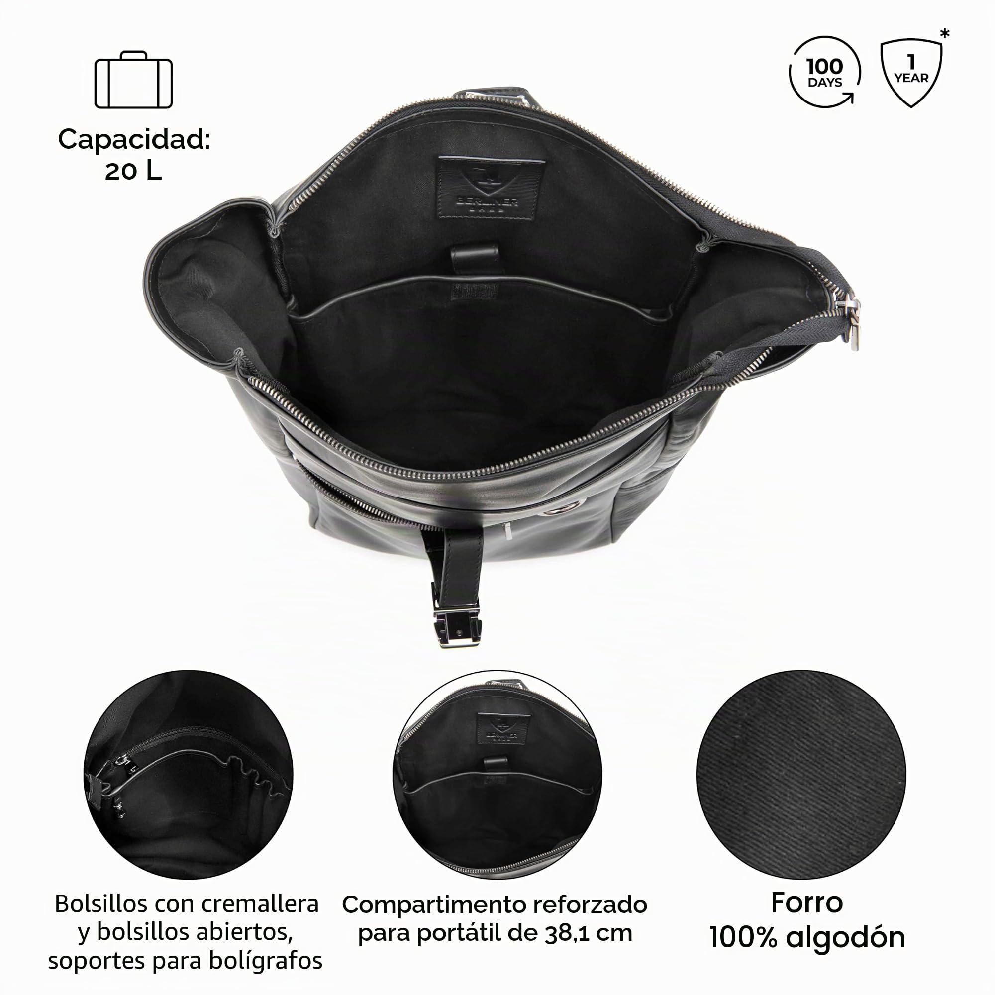 Berliner Bags Harlem Mochila de Piel Auténtica Impermeable con Diseño Rolltop y Funda para Portátil de 15”, Mochila Ejecutiva para Hombre y Mujer – Negro