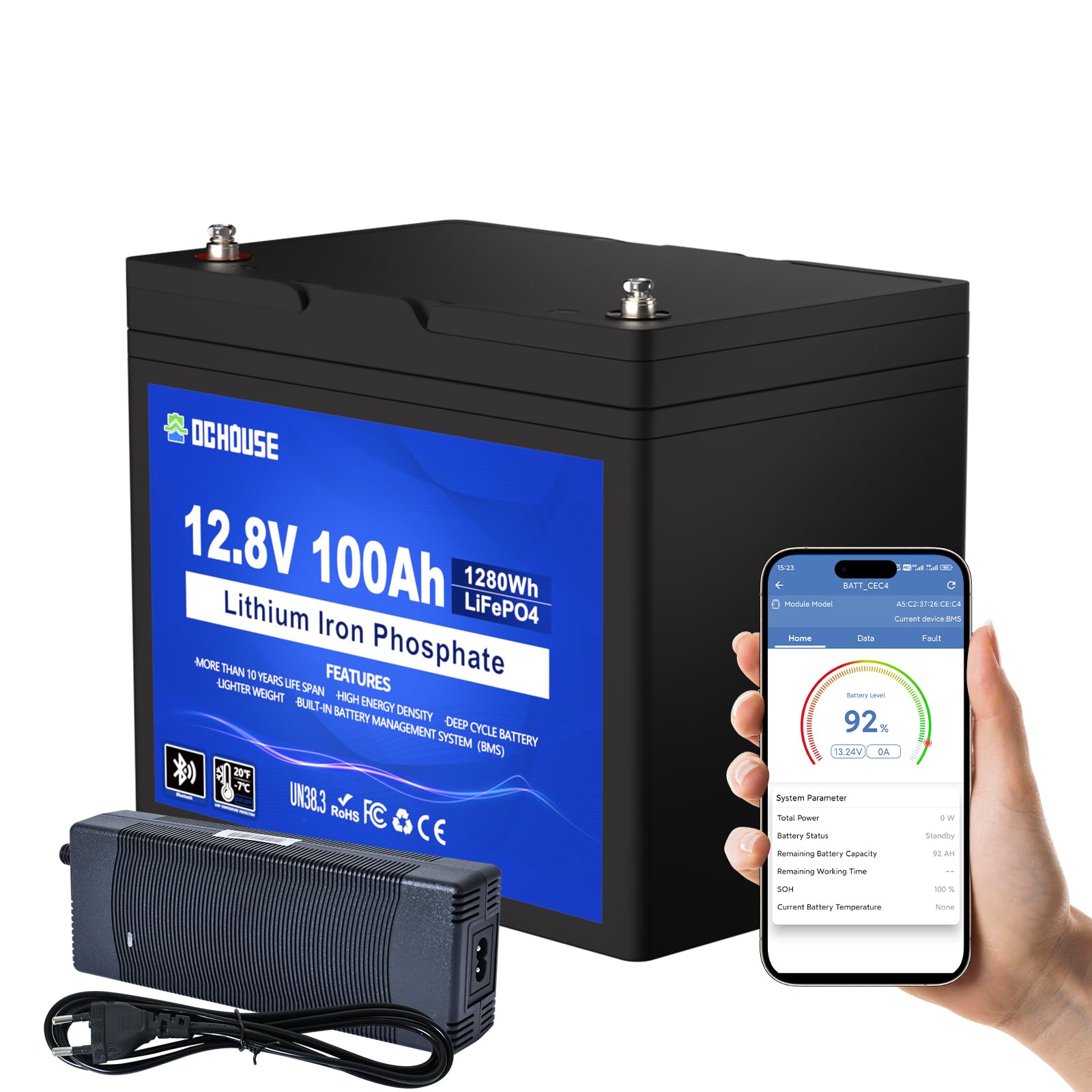 DCHOUSE 12V 100Ah LiFePO4 Bluetooth Batterie avec Chargeur 10A, Bluetooth et Coupure Basse température, BMS 100 A, idéale pour Les Moteurs de pêche à la traîne, la Marine, Solaire