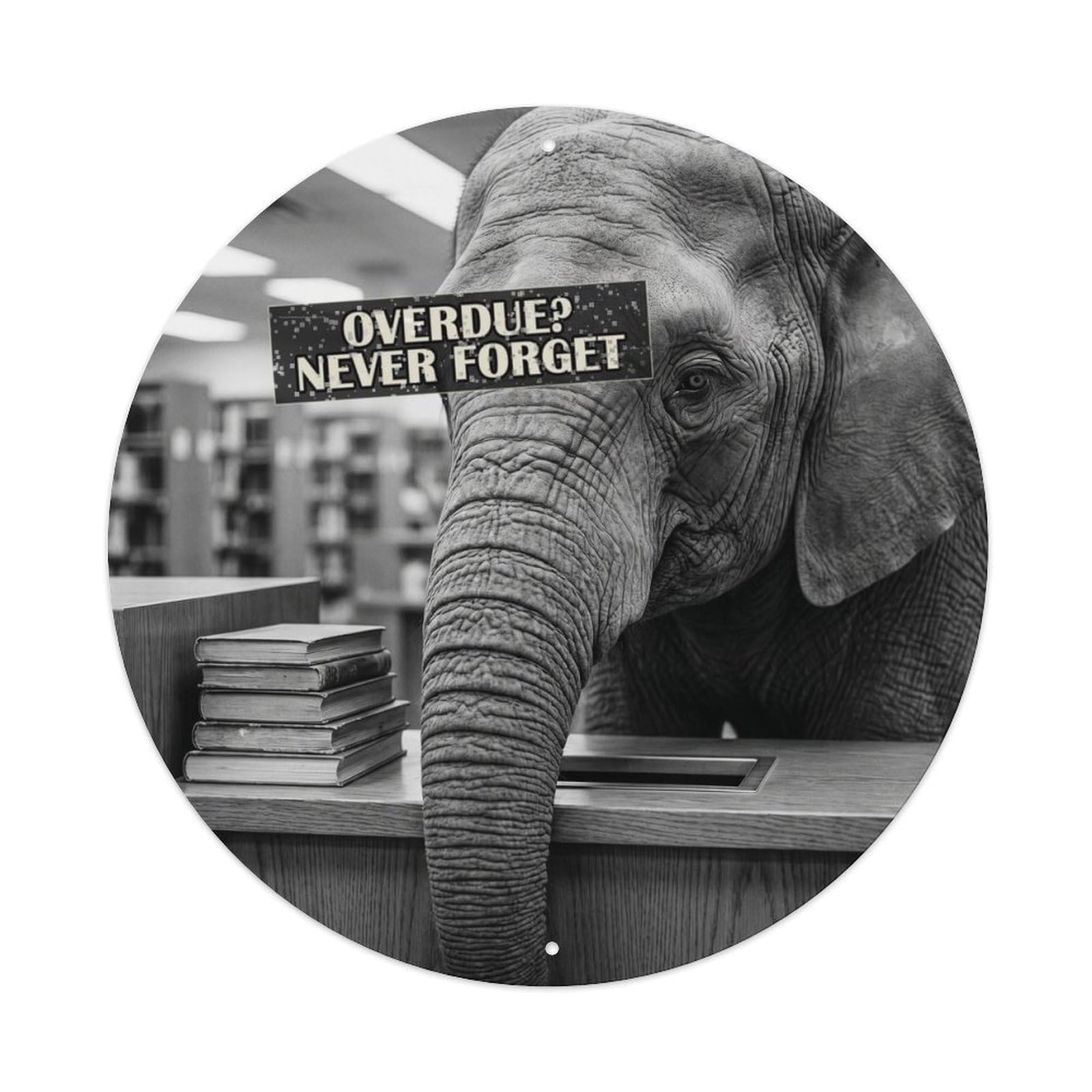 Animal Elephant Library Return Quirky Anthropomorphic Humor Metal Tin Sign Plaque Wall Decor for Cafe, Man Cave, Club Bar, Office, Home Garden Round Metal Poster 8x8Inch