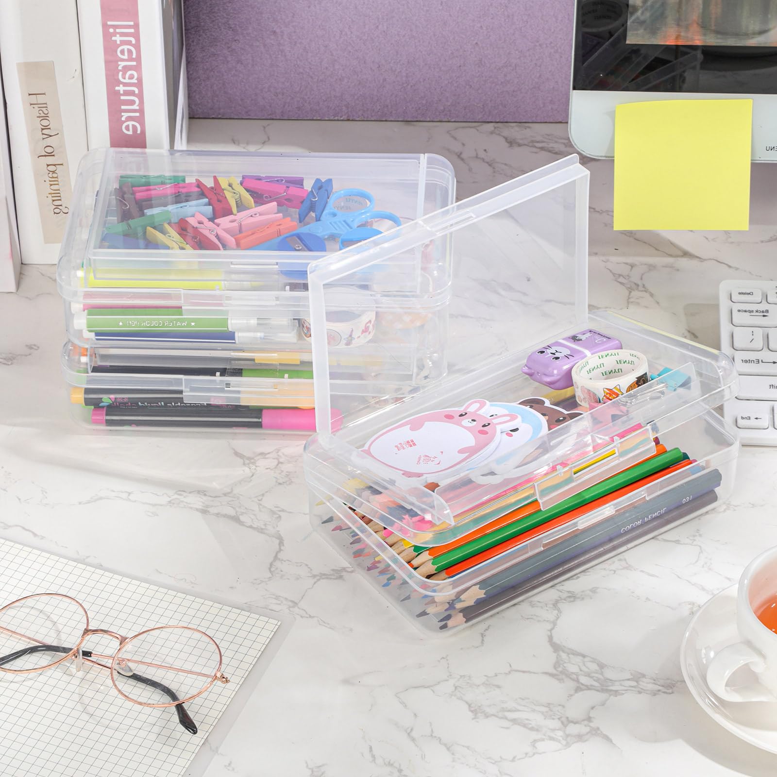 Blulu Confezione da 25 astucci a doppio strato, 20 x 12,4 x 5,8 cm, in plastica, con coperchio a scatto, design impilabile, per scuola, ufficio, organizzazione (trasparente)