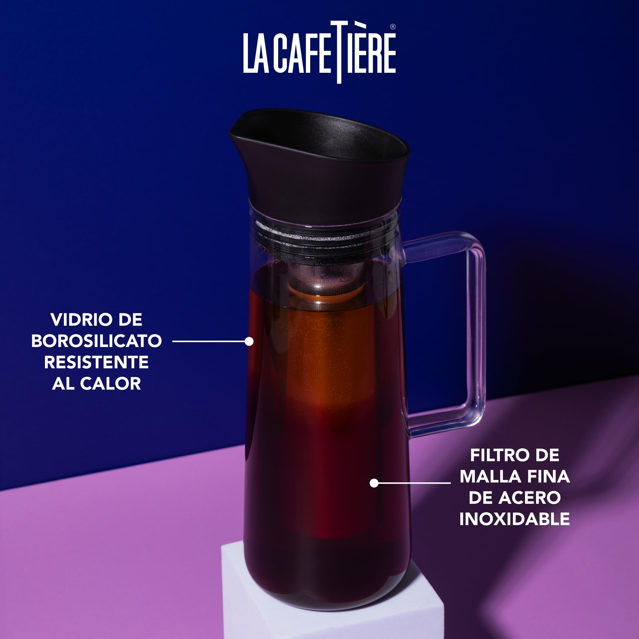 La Cafetière Cafetera de infusión en frío con filtro de malla, apta para lavavajillas, tapa con pico para jarra, recipiente para café helado, té helado, bebidas de frutas caseras, 1 l