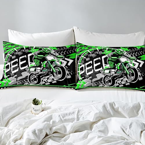 Miniatura 5 de Juego de funda de edredón verde fluorescente para motocross, juego de ropa de cama para deportes extremos para niños y niñas, funda de edredón de