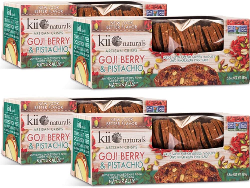 Kii Naturals Artisan Crisps - Goji Berry & Pistachio • 5.3oz (4 Pack) • {Professionally Packed/Packaged for Shipping} • [Chips|Crackers|Spread|Flatbread|Snack|Cheese|Dips|Tea|Wine|Toast|Bread]