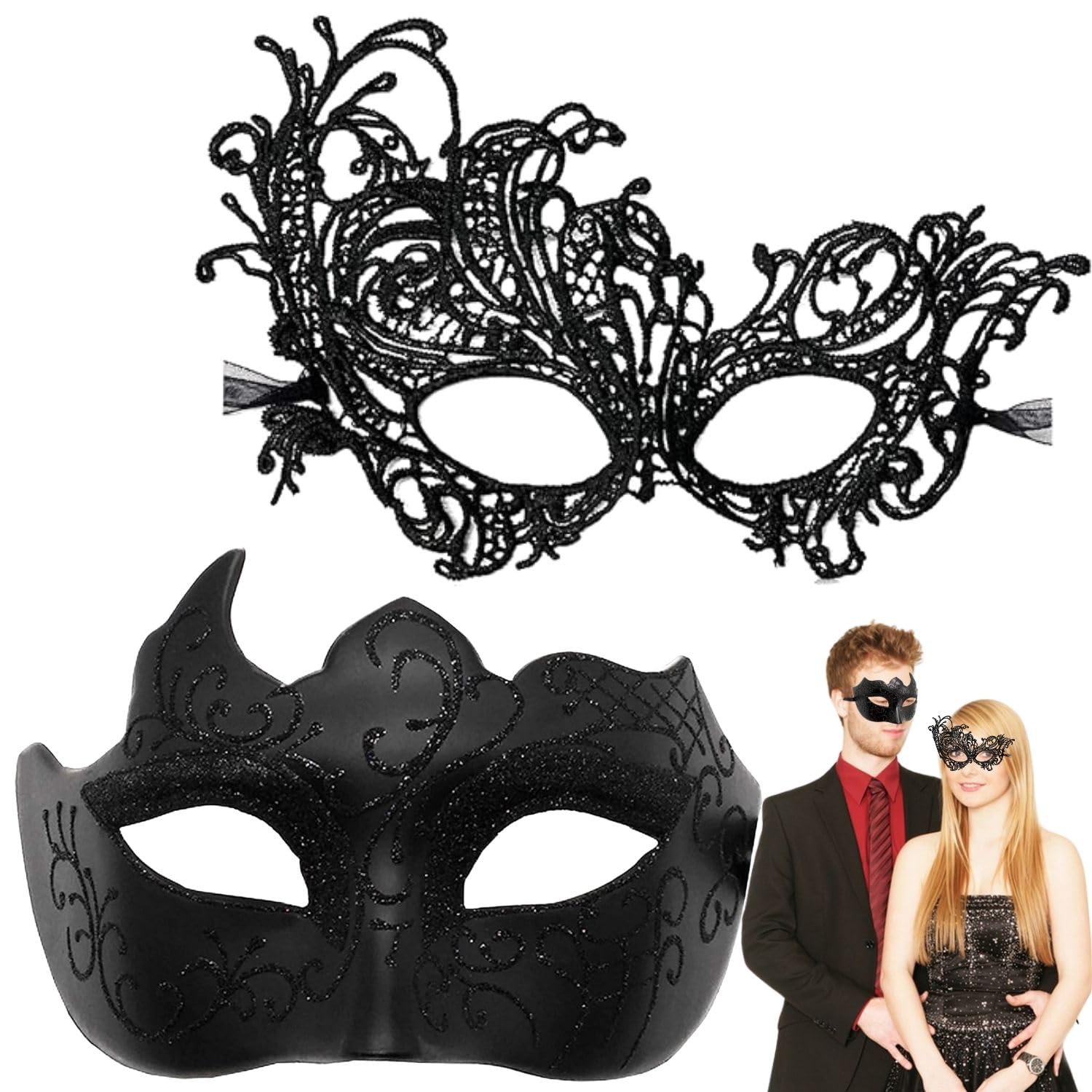 Issimober 2 Pcs Masquerade Masks for Couples Black Masquerade Mask for Women Men Masquerade Ball Masks for Party Carnival, Halloween