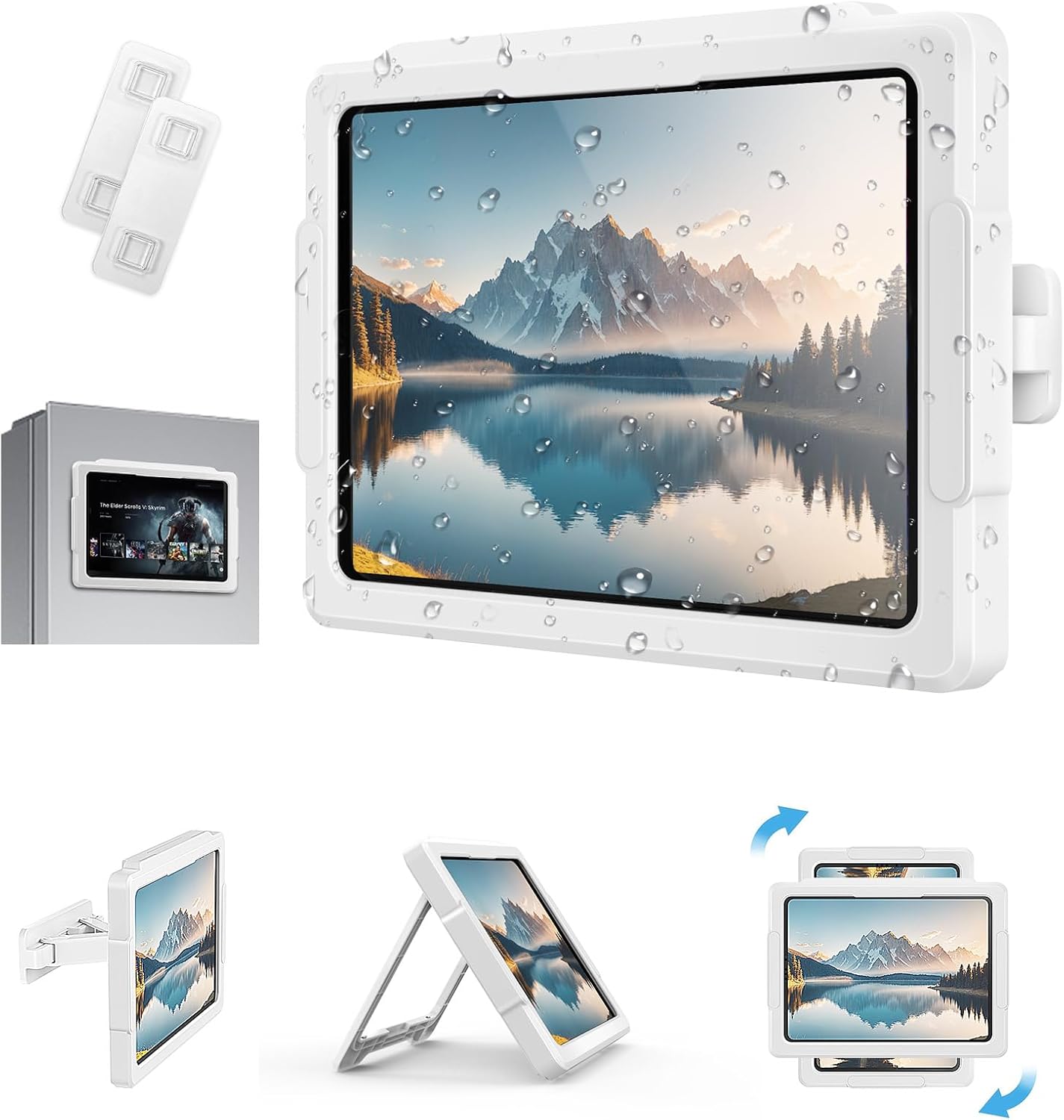 MoKo iPad Shower Holder Waterproof, 360° Rotatable Shower Tablet Holder for 11" iPad, Magnetic Tablet Mount for Fridge, Telescopic Arm, Anti-Fog Touch Screen, 3 Placement Modes, for Bathroom Kitchen