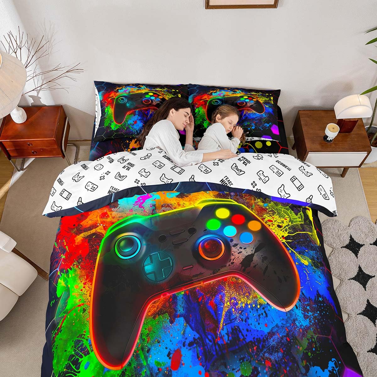 Homemissing Colorful Gaming Duvet Cover Set Single Size For Kids Boys Girls Teens Honeycomb Gaming Bedding Set Game Controller Duvet Cover with 1 Pillowcase Hexagon Gamer Bedding - Image 4