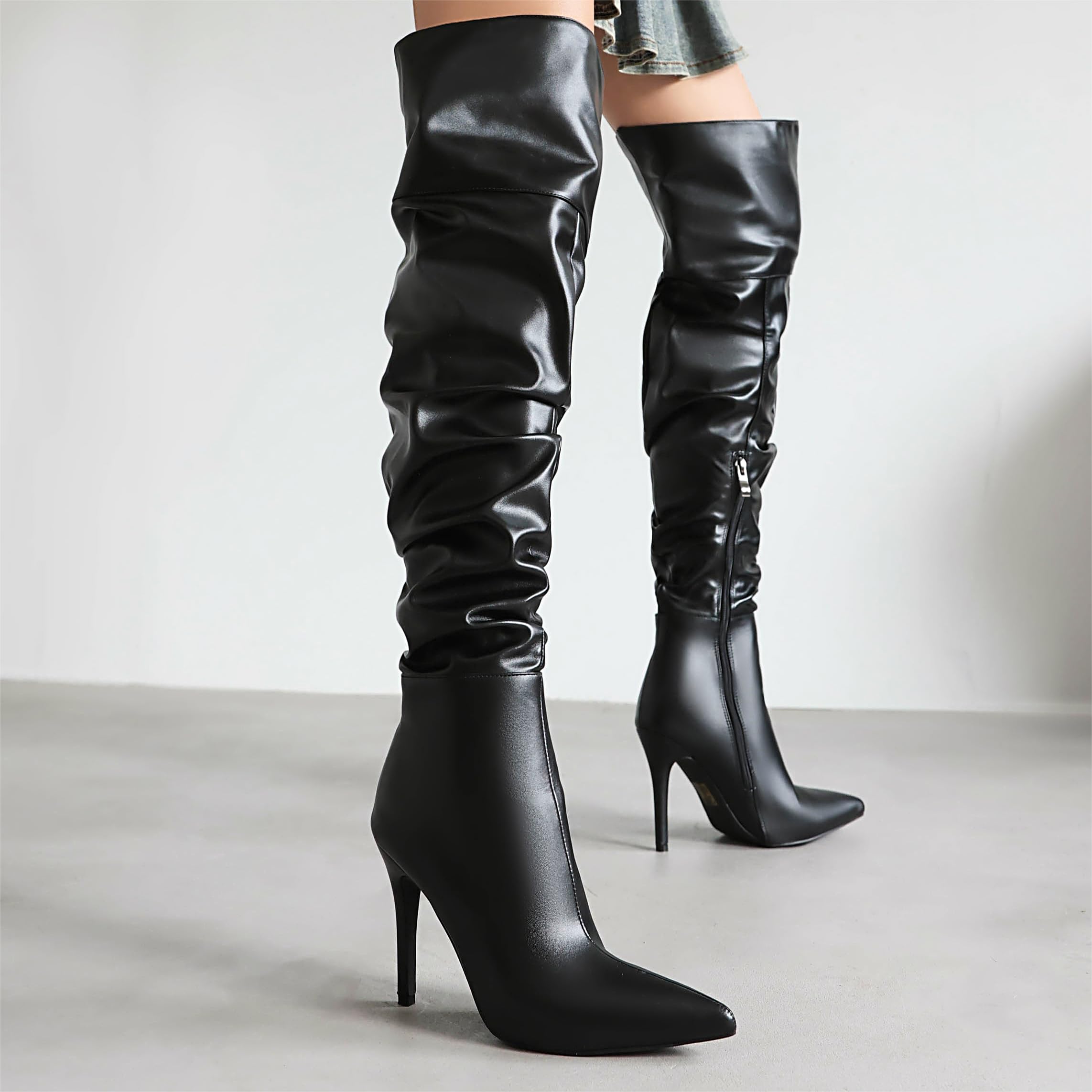 Feinlina Nero Over The Knee coscia stivali alti per le donne Sexy Pointed Toe Side Zipper Leather Pleaser stivali