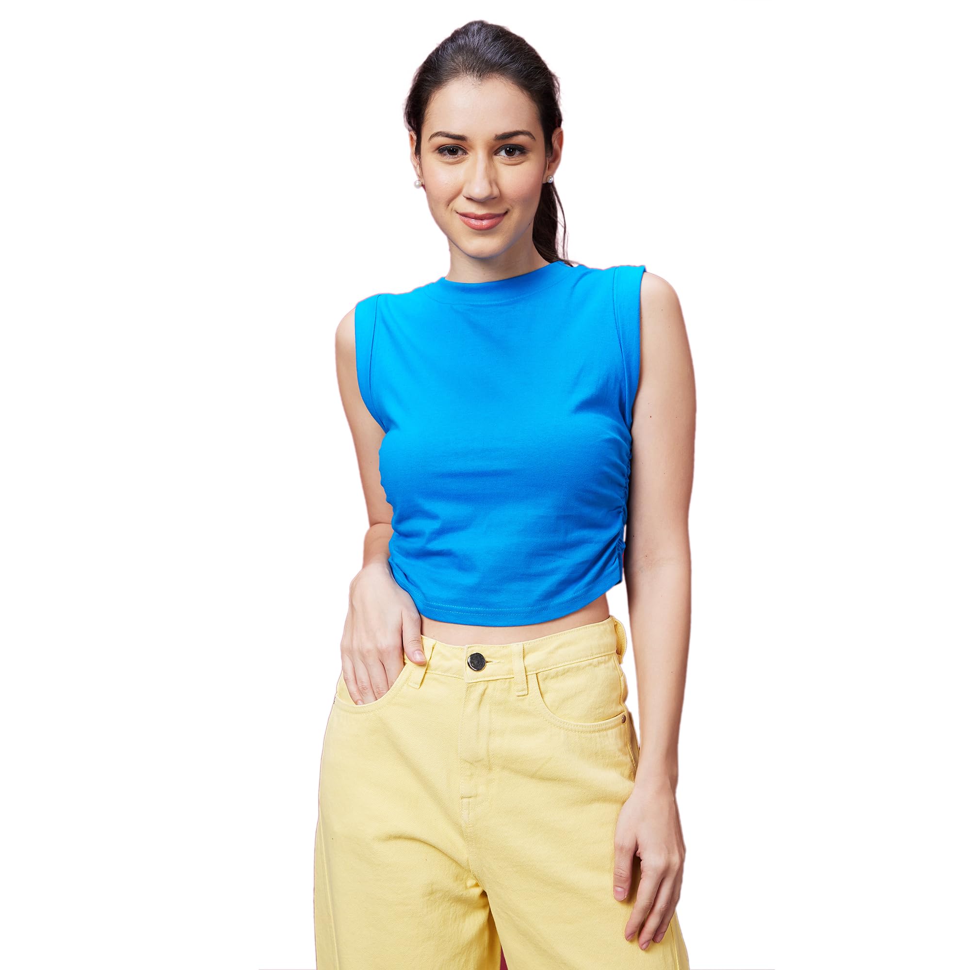 globus Women Blue Solid Round Neck Casual Crop Top-picture-43