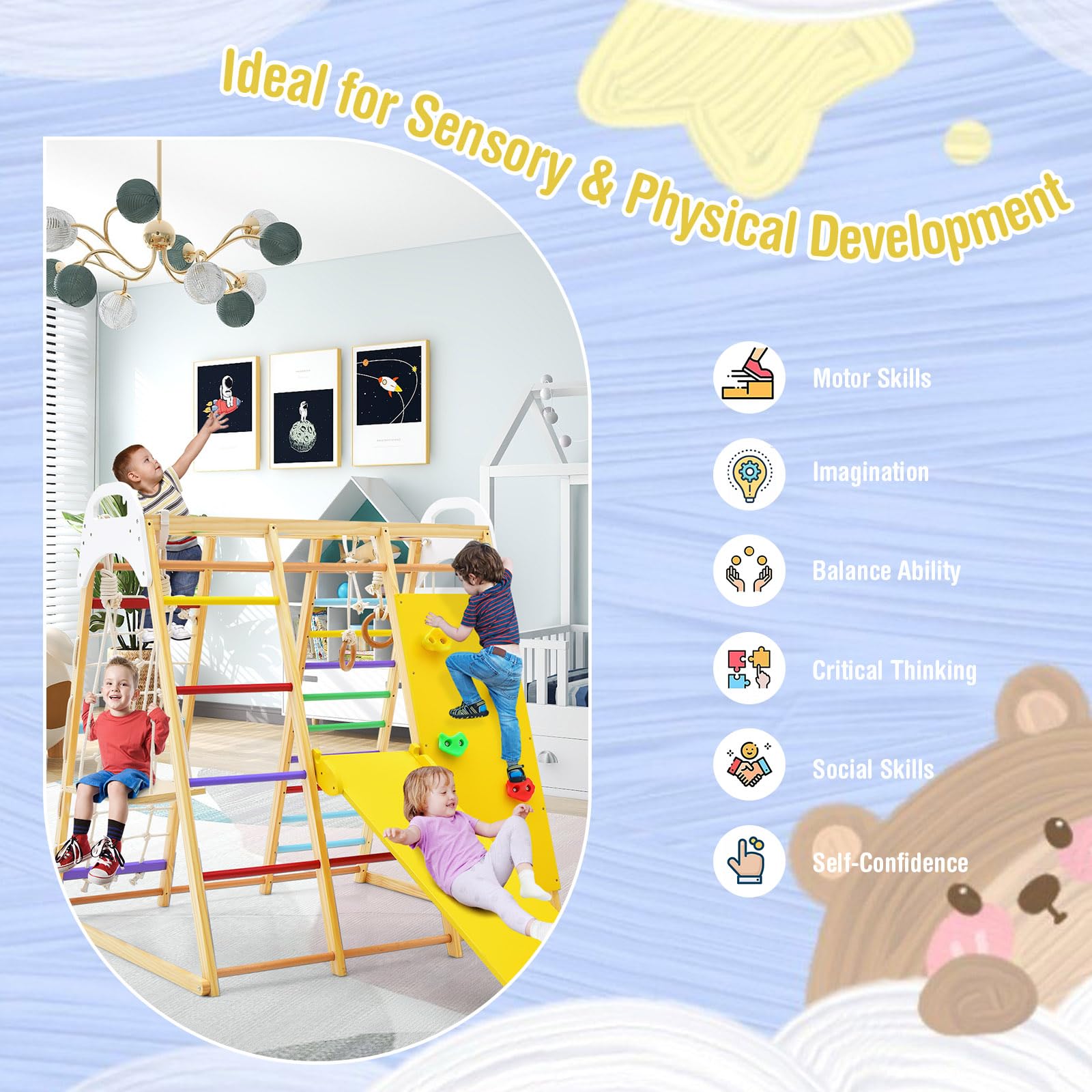 LIFEZEAL 8 en 1 Juego de Triángulo de Escalada, Gimnasio Bebe Madera, Parque Infantil con Tobogán de Madera, Red de Escalada y Anillas de Gimnasia y Columpio, para Niños a Partir de 3 Años
