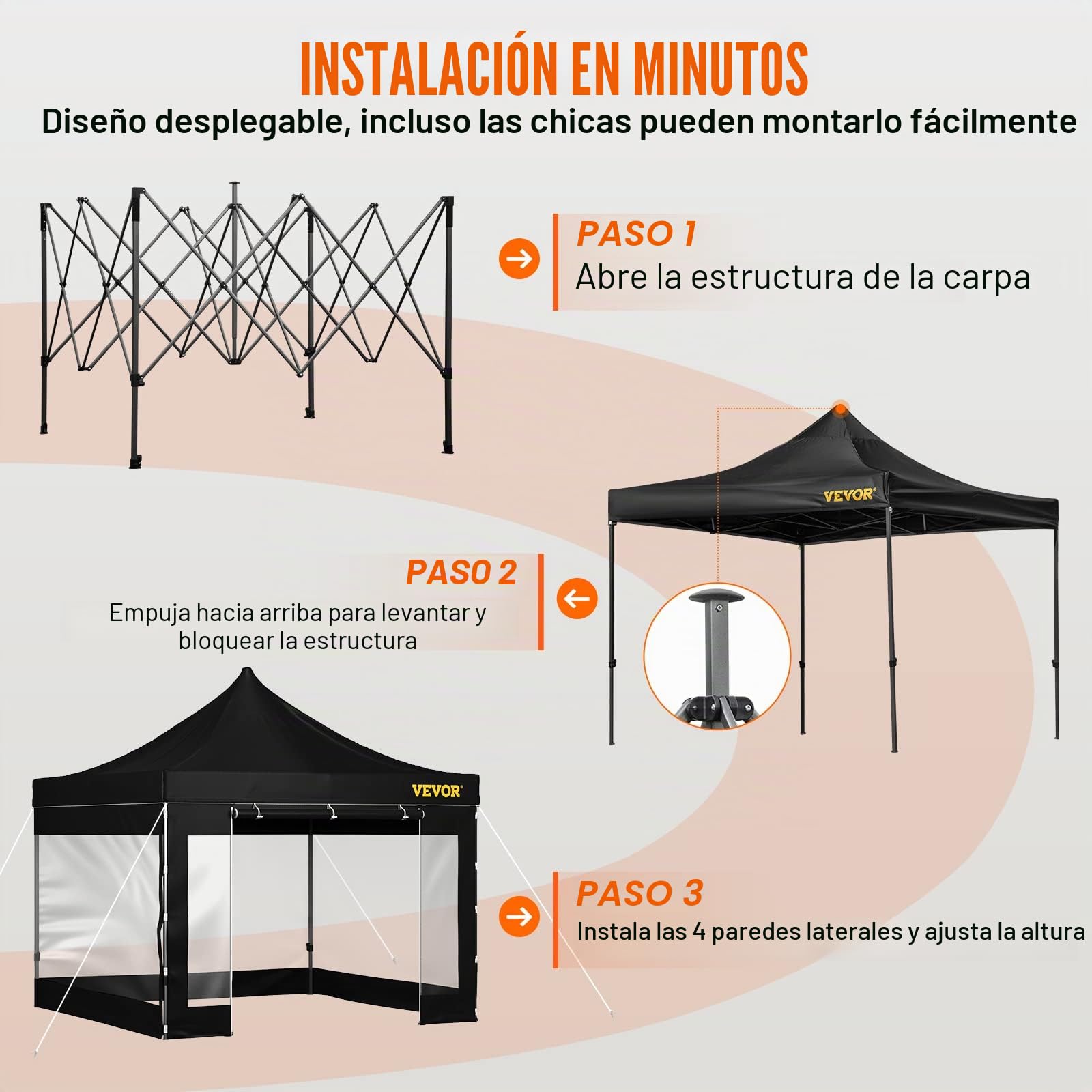 VEVOR Carpa Plegable con Paredes Laterales Cenador Plegable de 3 x 3 m Carpas Impermeables de PVC con Bolsa de Tela Cenador para Exteriores 3 Alturas Ajustables Negro para Fiestas, Bodas, Reuniones