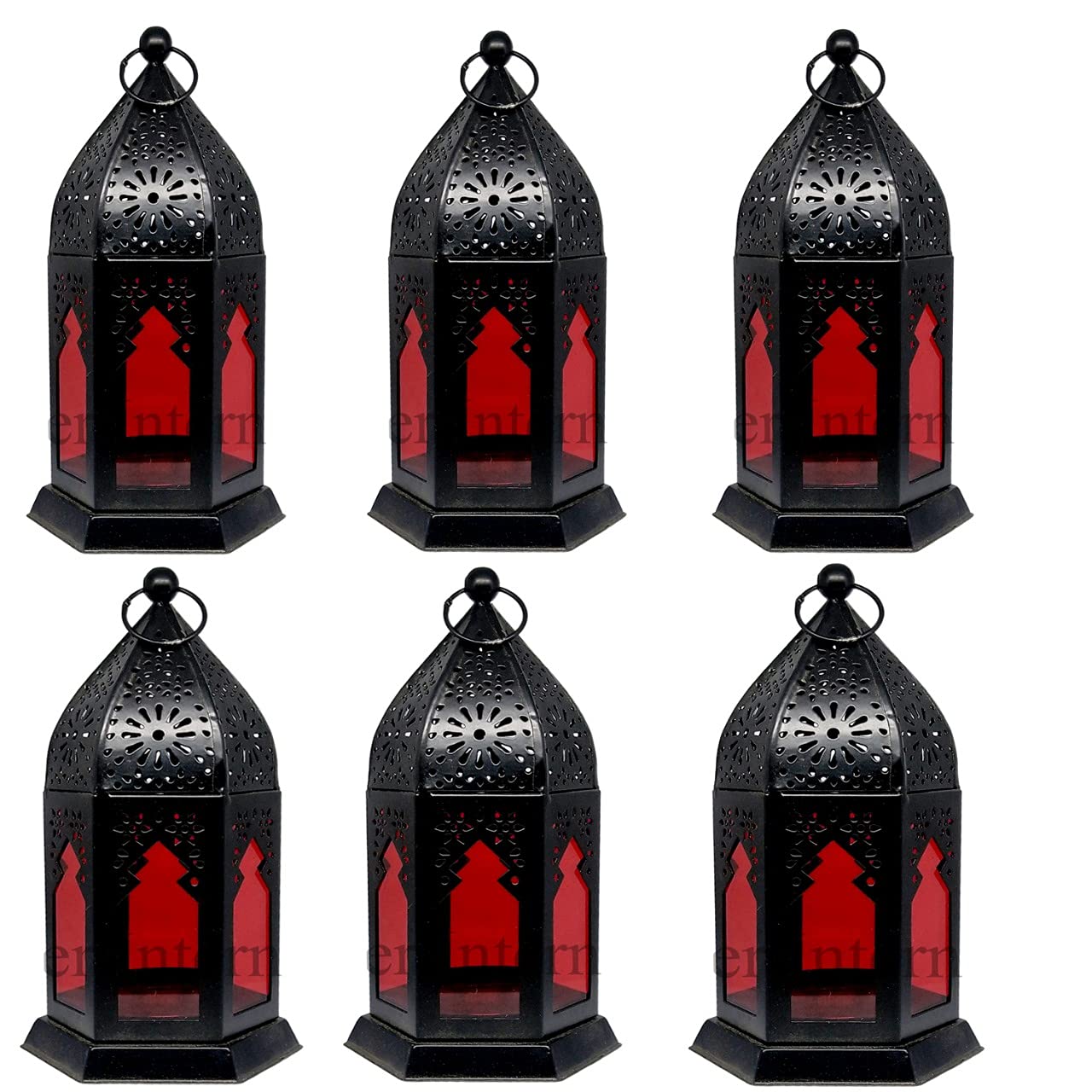 Blue Well Overseas Decorative Moksha Hanging Lantern/Lamp with t-Light Candle, Set of 6 Red Glass (Black)