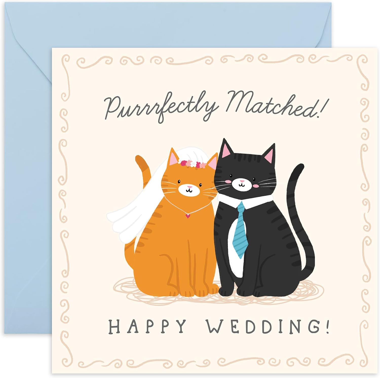 CENTRAL 23 Happy Wedding Card – Cats Purrfect Match – Sweet Illustrated Kitty Couple for Newlyweds, Friends, Sister, Brother, Cat Lover Bride & Groom, Cute Marriage Celebration