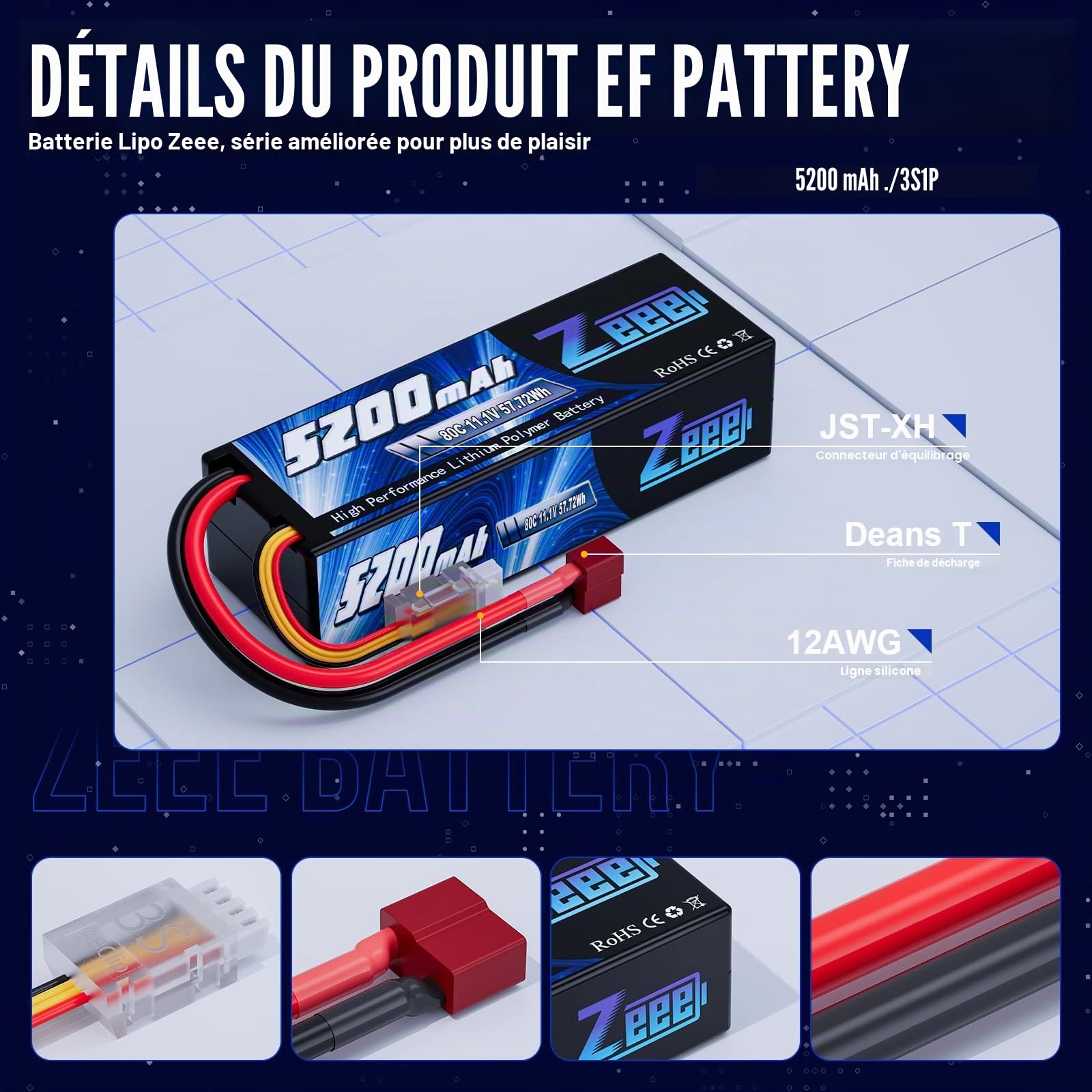 Zeee 3S Lipo Batterie 5200mAh 11,1V 80C Hardcase avec connecteur T(2 pcs)