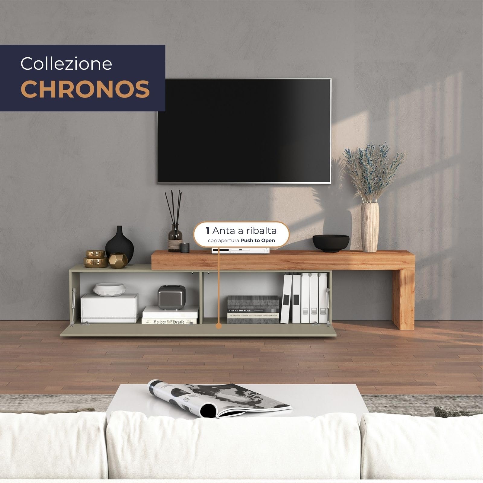 WHOUS Mobile Porta TV CHRONOS per Soggiorno con 1 Anta a Ribalta, Mobile Tv Regolabile per Salotto in Legno, 190/350x40x51 cm, Tortora Opaco e Rovere