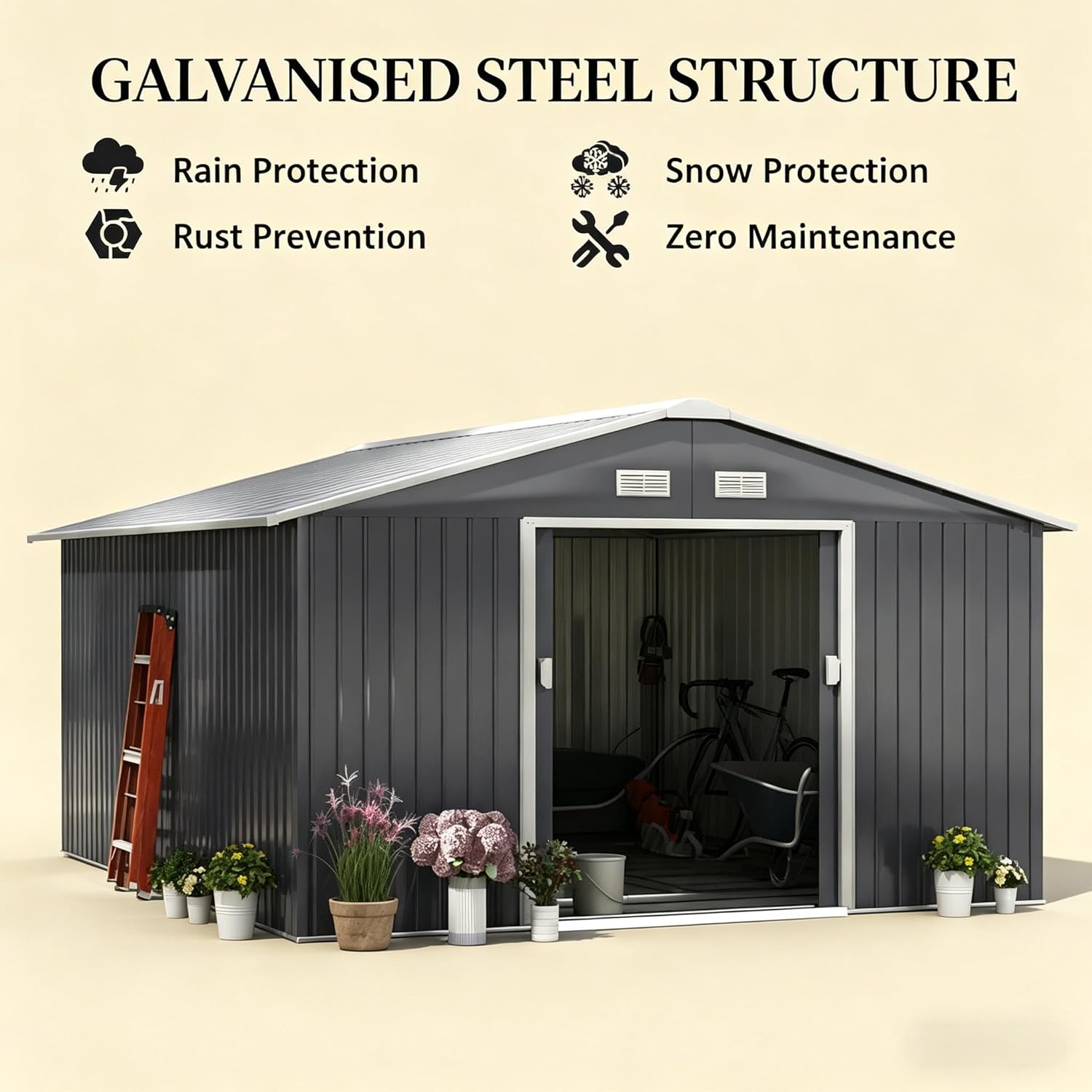Outdoor Storage Shed with Foundation Kit, Backyard & Garden Tool Shed, Metal Shed with Double Sliding Doors and Ventilation, Weather-Resistant and Durable Galvanized Steel Construction