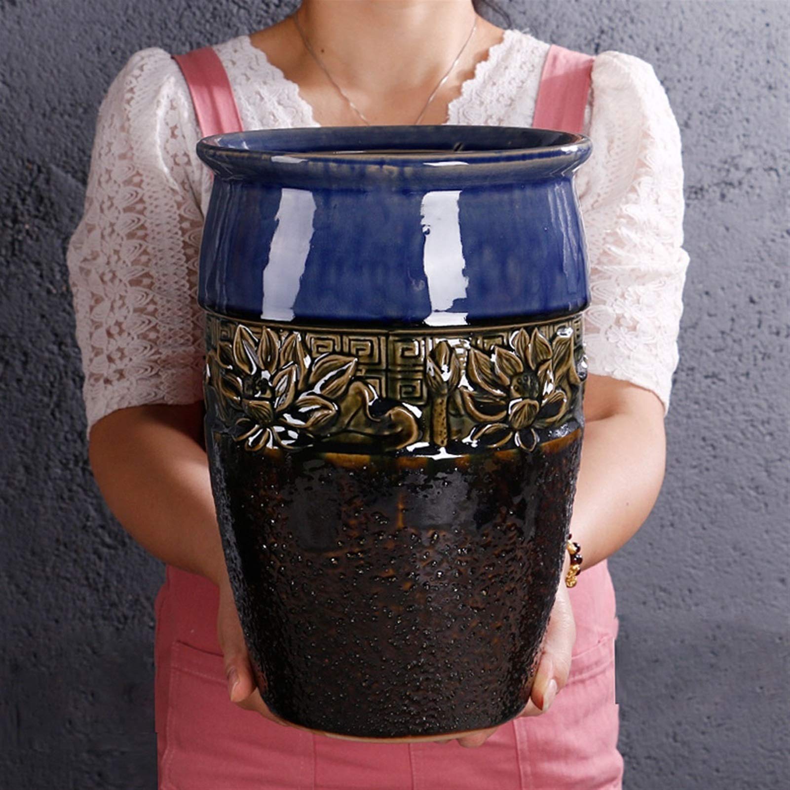 Skrzynka na kwiaty ceramiczna doniczka z otworem do ogrodu na zewnątrz do domu salonu biura jadalni dekoracja retro doniczka 30 cm wysoka skrzynka ogrodowa (kolor: Niebieski)