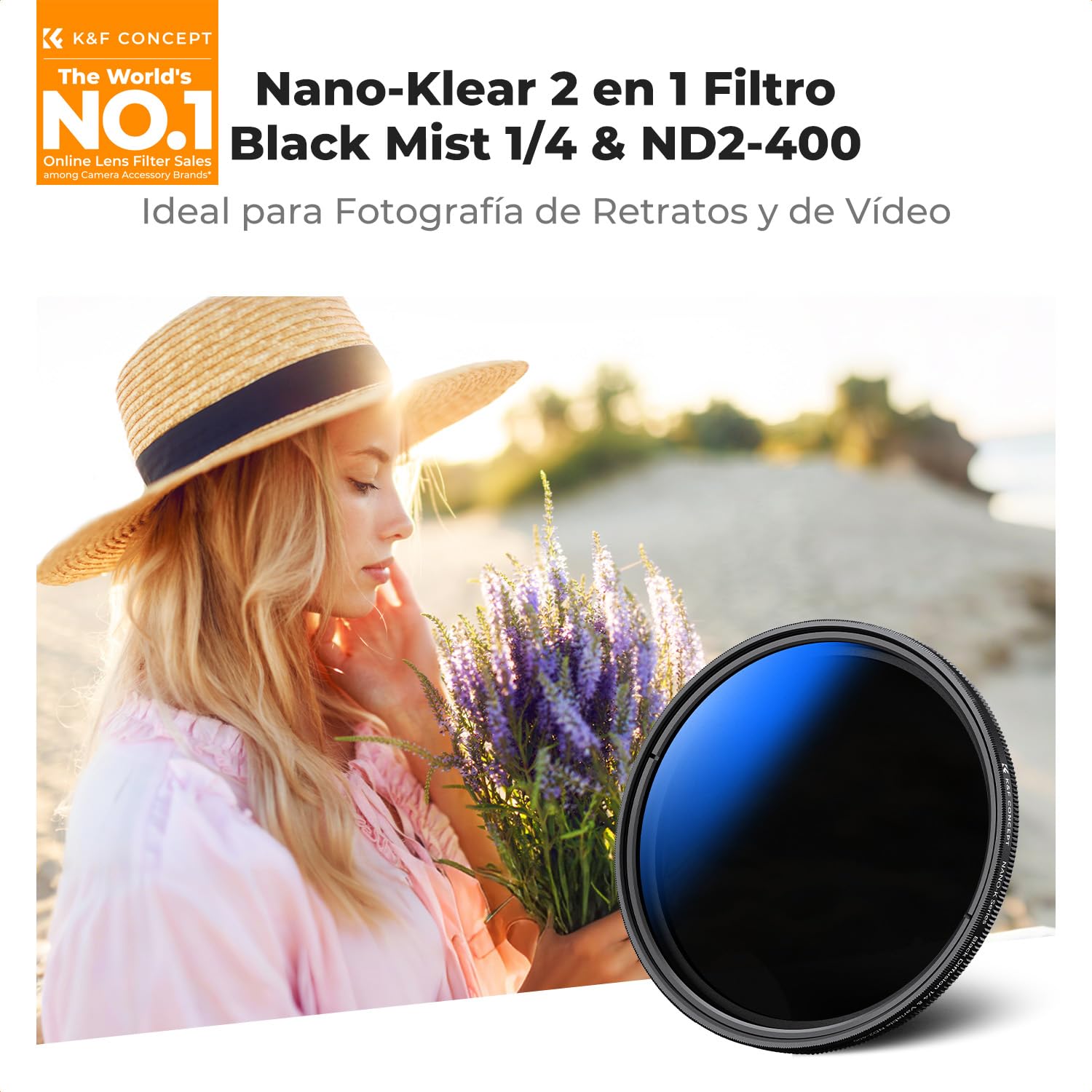 K&F CONCEPT Nano-Klear 49mm 2 en 1 Filtro Variable ND2-400 & Black-Mist 1/4, ND2-400 & Black Diffusion 1/4 Filtro de Densidad Neutra de Vidrio Óptico con 3 Paños de Limpieza