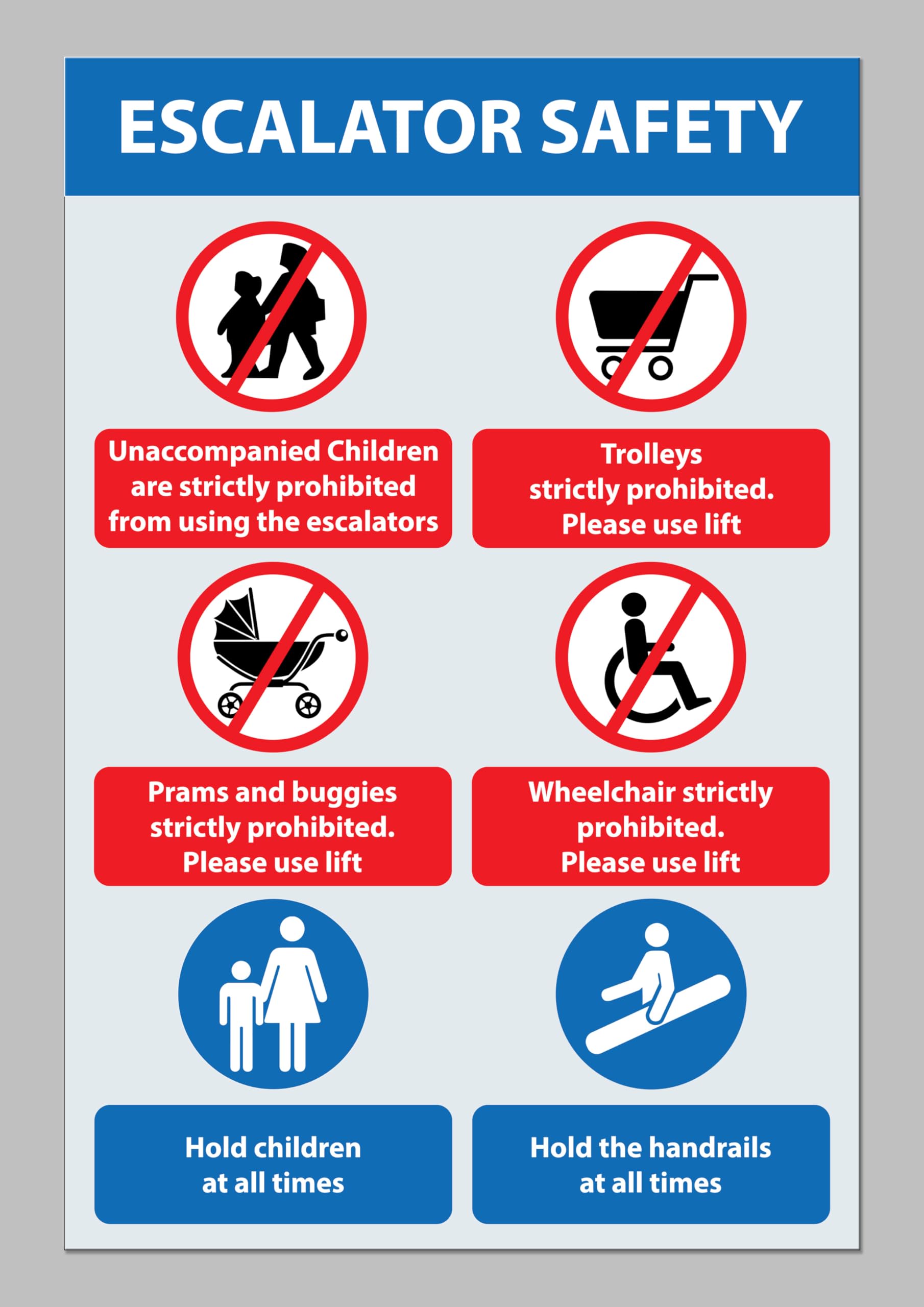 Escalator safety multicoloured sign, portrait - 1mm flexible Plastic sign (400mm x 300mm)