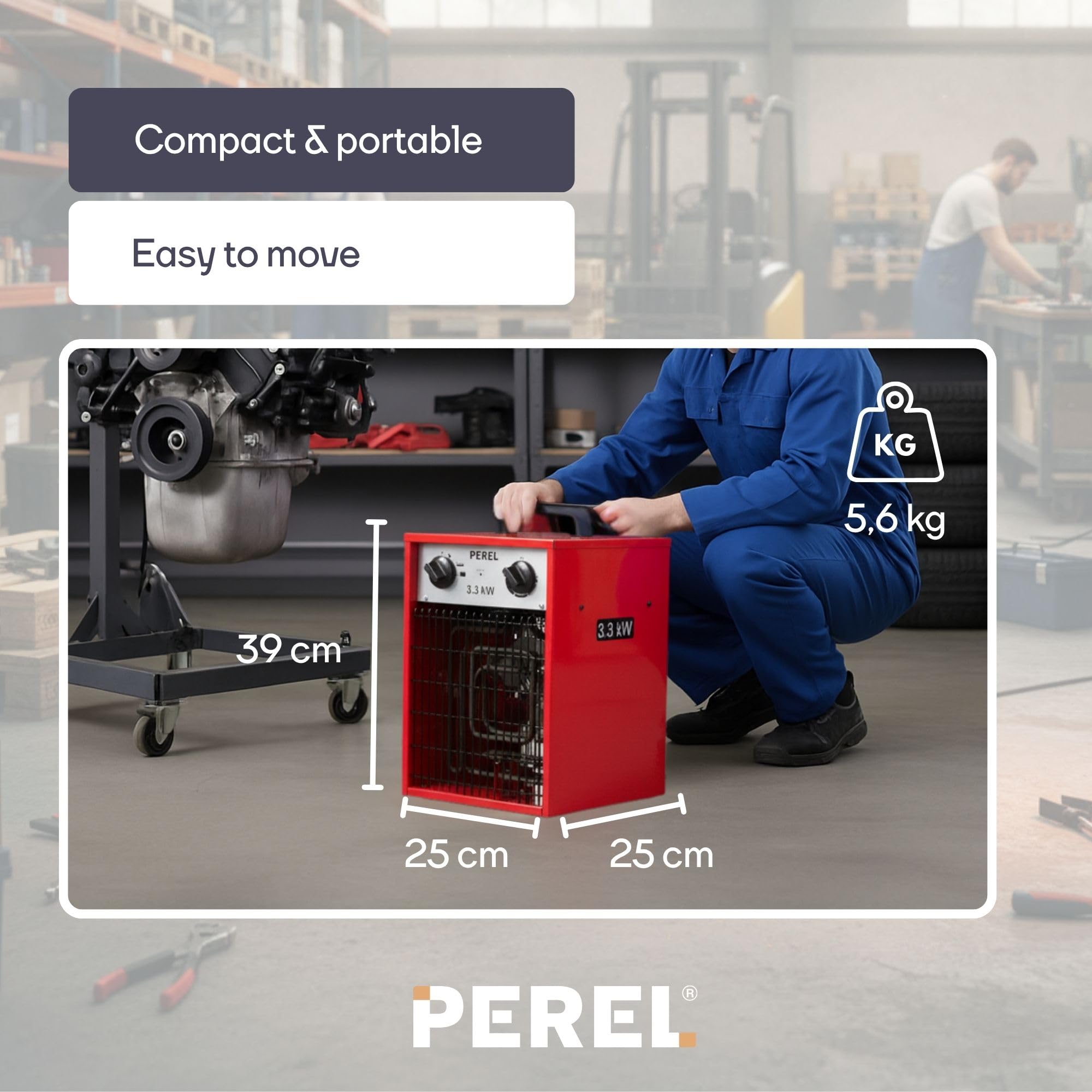 Perel Elektryczny grzejnik wentylatorowy 3300W, 2 poziomy grzania, termostat i funkcja chłodzenia, IP24, zabezpieczenie przed przegrzaniem, kompaktowy przenośny grzejnik do warsztatu, garażu lub
