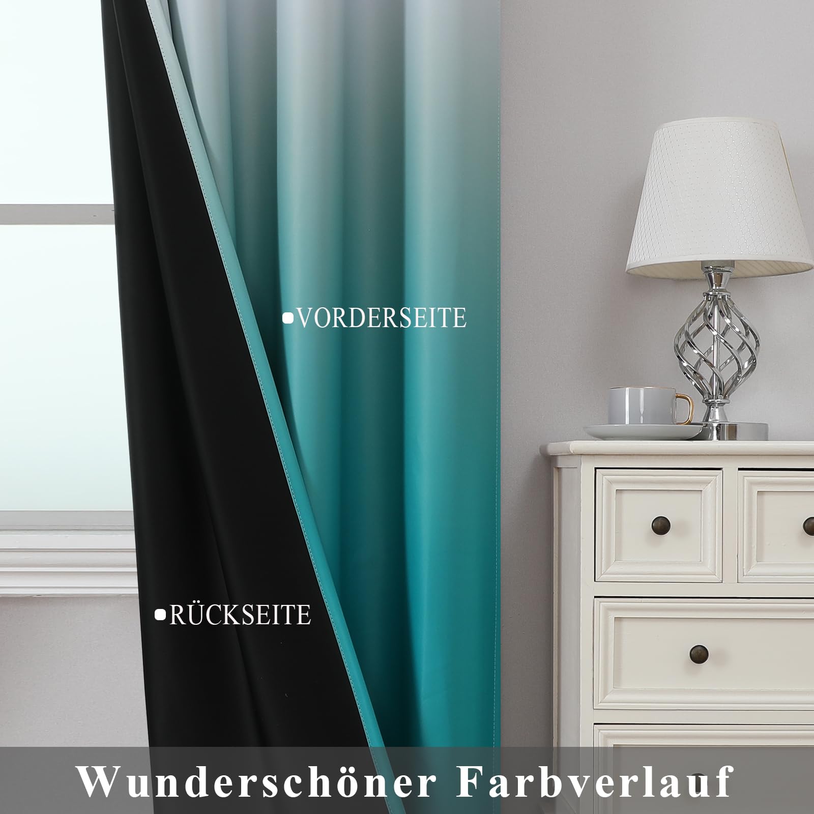 Ombre Teal e bianco arricciato, 183 cm, tenda termica per soggiorno, gradiente, set da 2 tende per camera da letto, altezza 183 x larghezza 132 cm