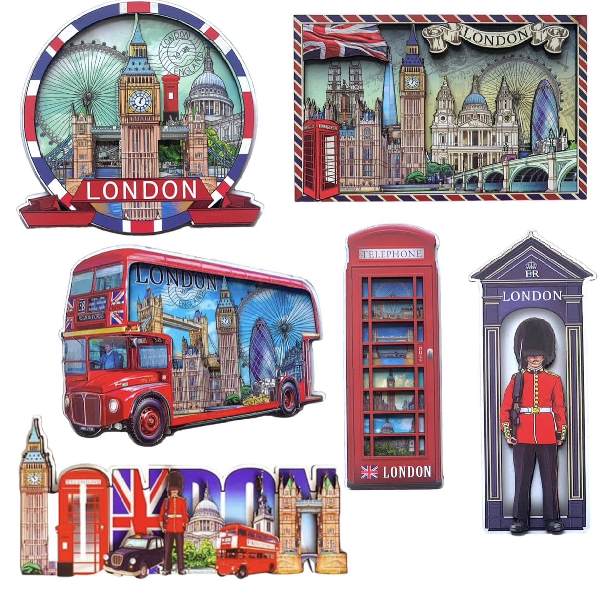Souvenirs Red London Wooden Magnets - Set Of 6 London Wood Fridge Magnets - Union Jack England Famous Icons Pictures Wooden Fridge Magnet - British Magnet
