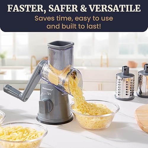 Miniatura 7 de Elite Gourmet EFP593 - Rallador de queso giratorio con 3 cuchillas de acero inoxidable para cortar, triturar y triturar finamente, base de succión