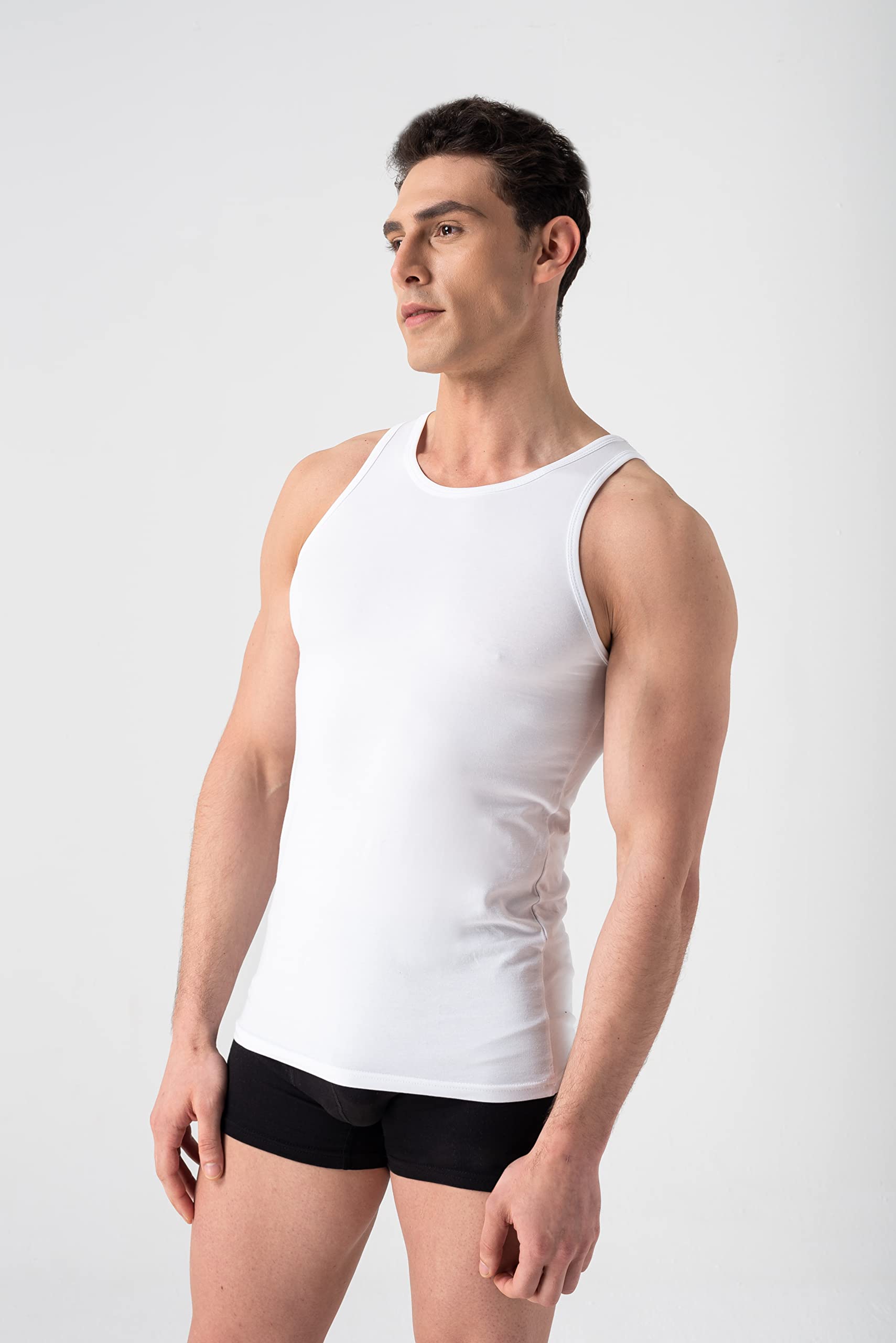 Burnell & Son Camiseta interior para hombre, pack de 3 unidades, camiseta sin mangas, acanalada, extra larga, de algodón, corte ajustado, en blanco y negro