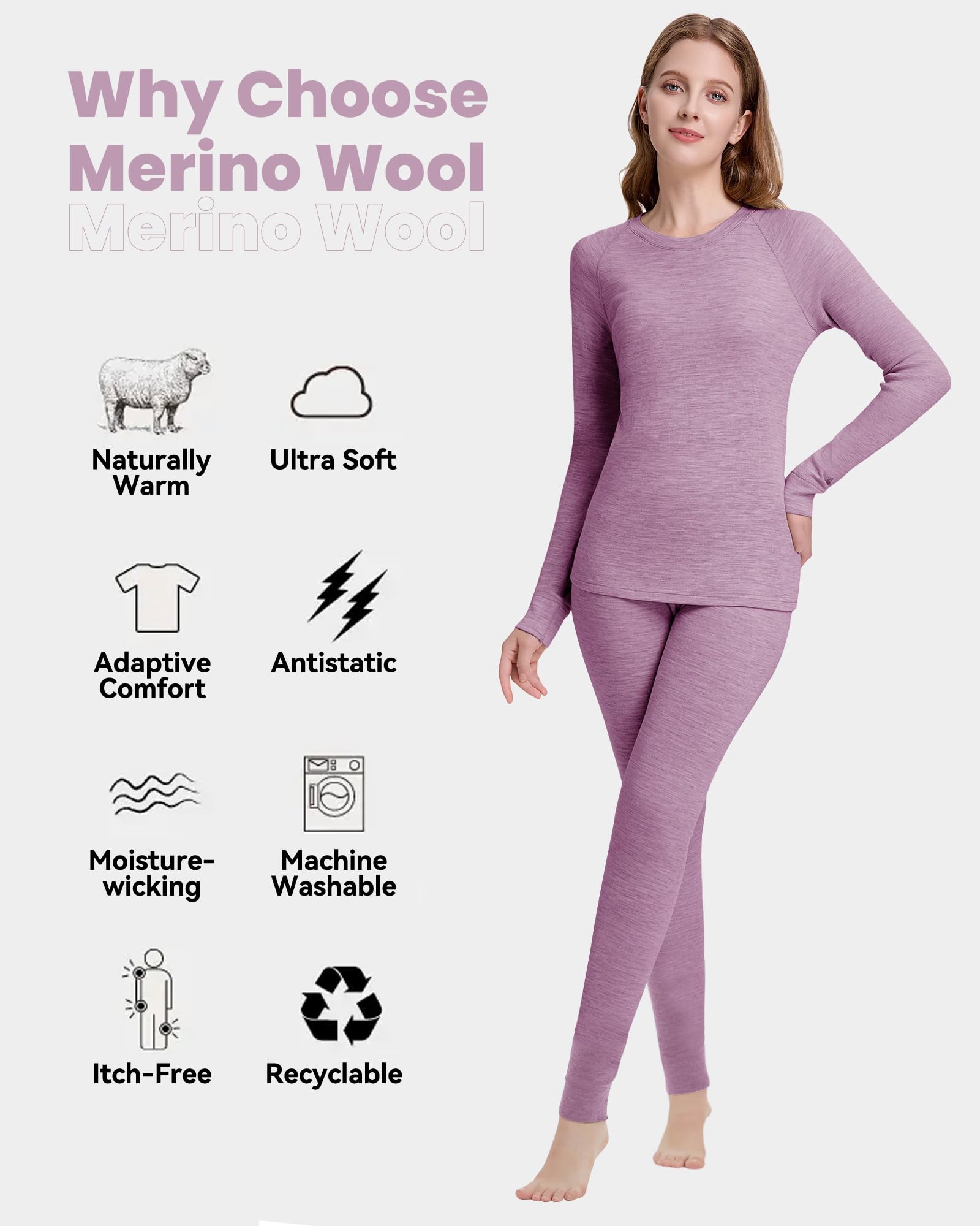 Ensemble Thermique Femme en Laine Mérinos 100%, sous-Vêtements Thermique, Couches de Base pour Ski, Randonnée, Sports d'hiver