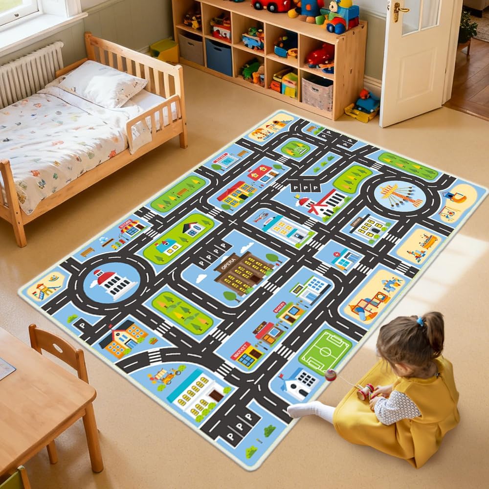 Kids Carpet Car Rug Play Mat, 4'x6' Road Rug for Kids, City Life Educational Rugs with Non-Slip Road Traffic Rug Mats, Great Ideal Gifts for Kids Playroom (Blue, 4'x6')