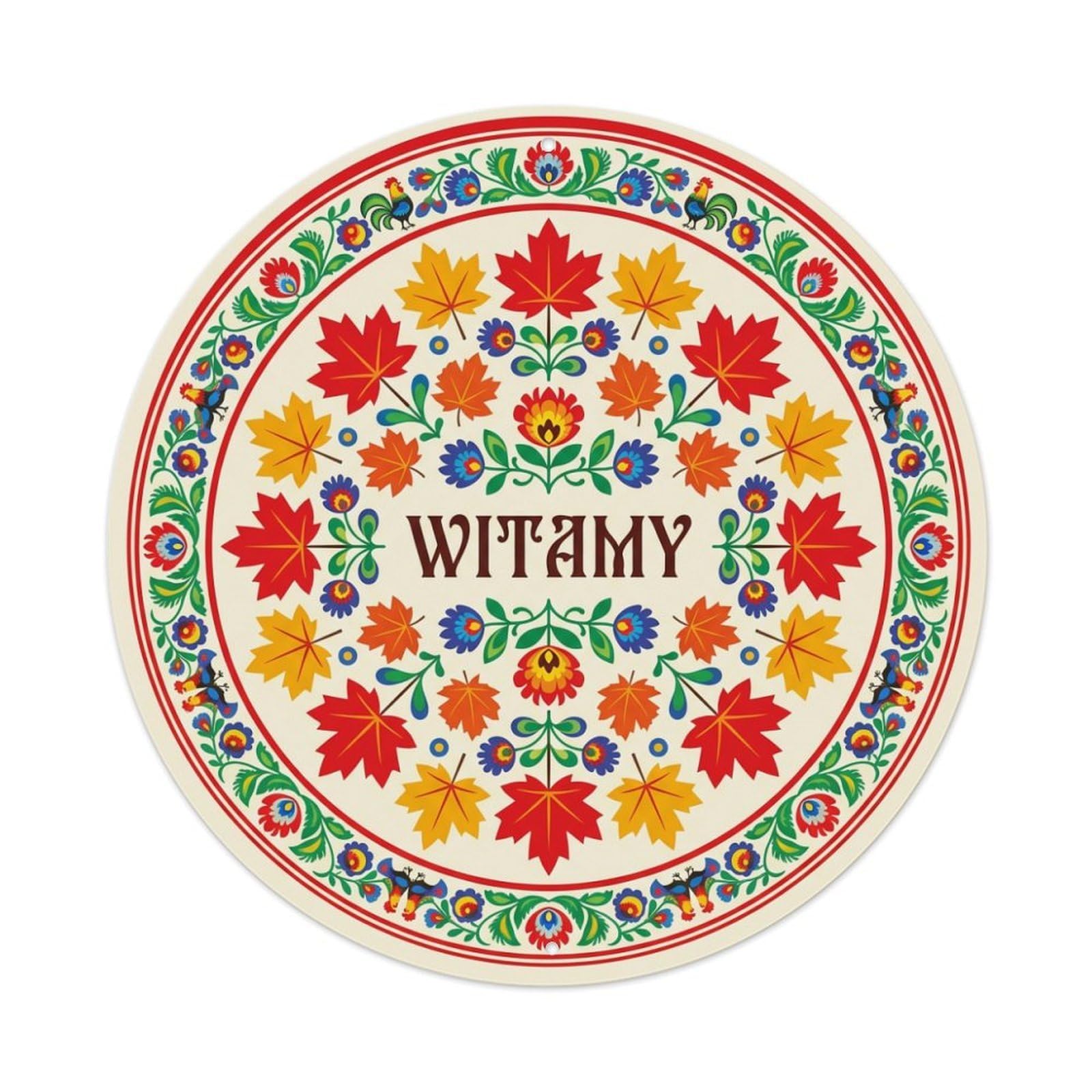 Fyrn Style Metal Tin Sign Vintage Polish Folk Art Witamy Welcome Maple Leaf
