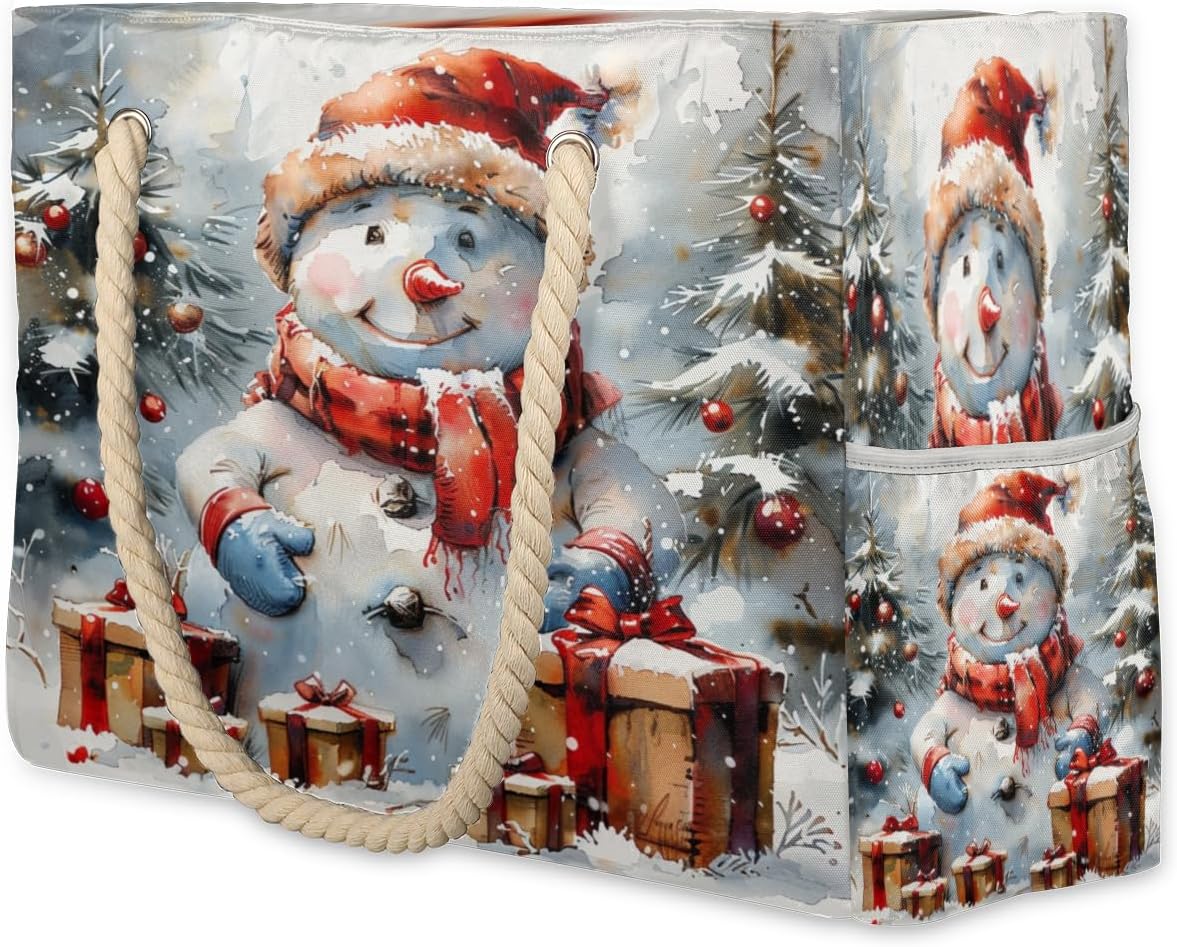 Holiday Snow Man Beach Bag for Women Waterproof Sandproof Tote with Zipper Cotton Rope Handles for Travel Pool Gym Shopping