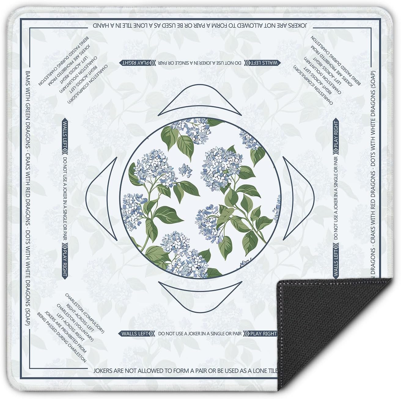 Blue Hydrangea Floral Mahjong Mat 31.5 x 31.5 in, Grandmillennial Flower Cottagecore Anti-Slip Noise-Reducing Mahjong Mat for Table Board, Games Tile Games, Poker and Cards