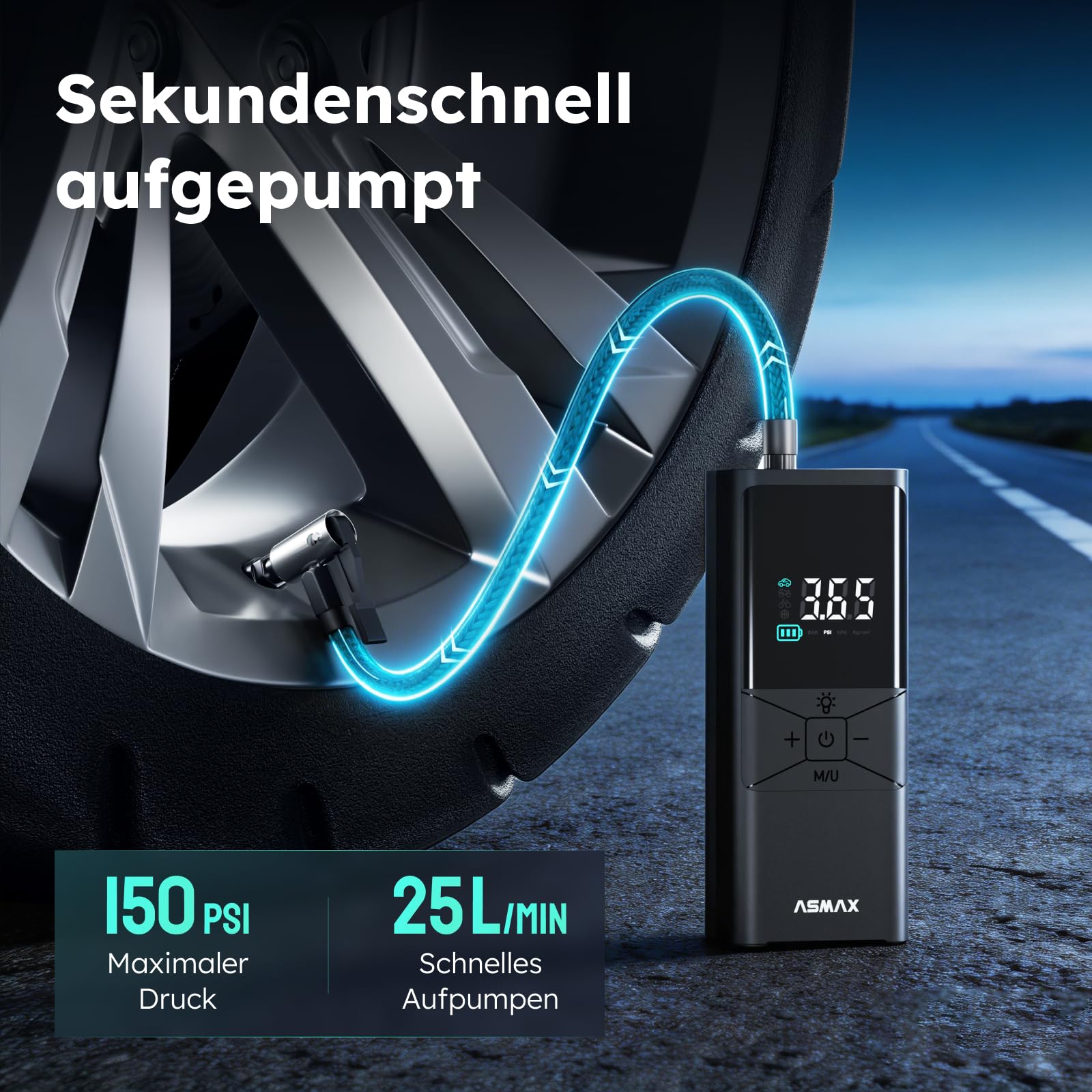 ASMAX T40 Elektrische Luftpumpe 6000mAh, Akku-Kompressor 150 PSI/10,3 Bar | 25L/min Schnellaufpumpen, LED-Licht, Digitaler Reifendruckmesser, Tragbare Fahrradpumpe für Auto, Motorrad, Fahrrad und Bälle