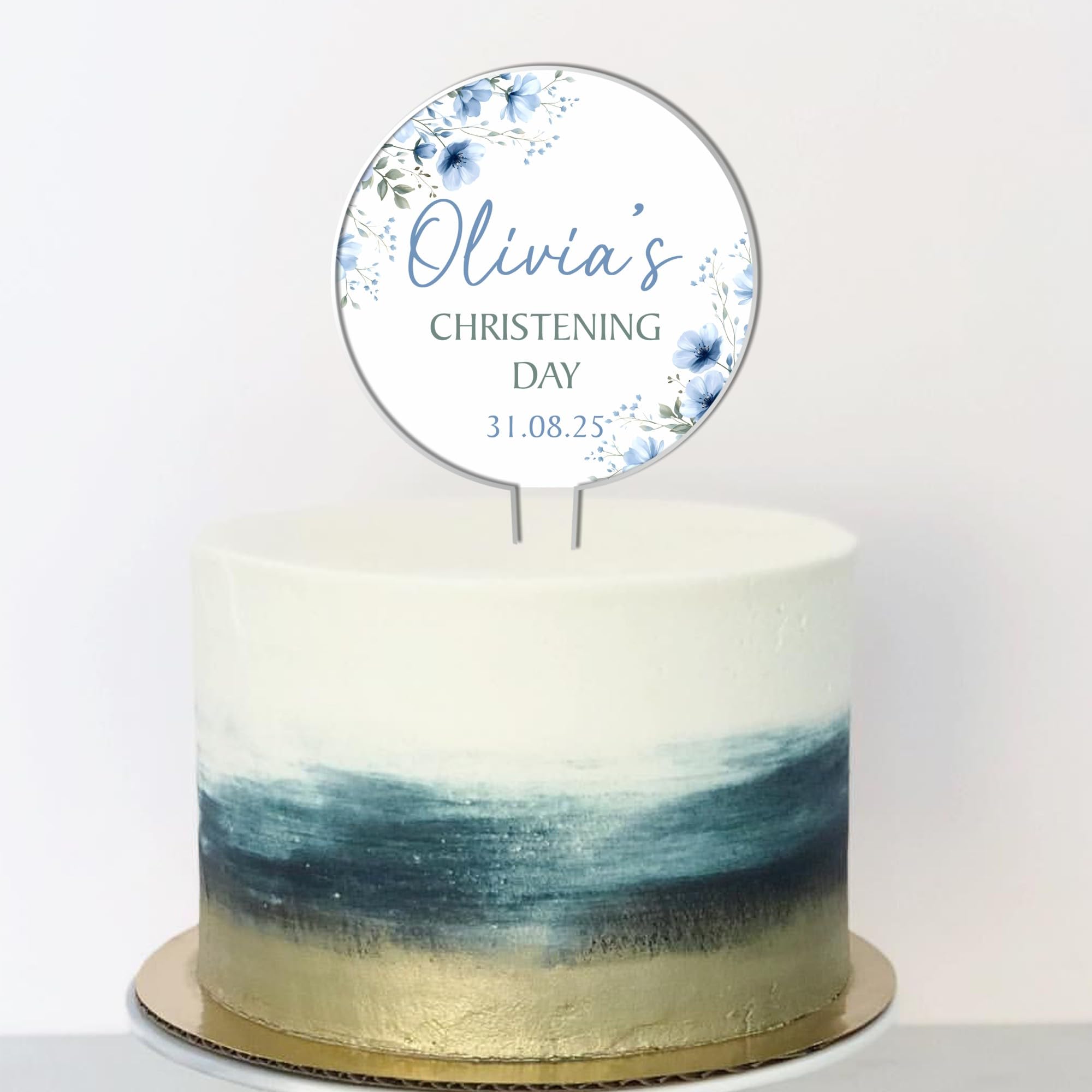 Personalised Floral Acrylic Cake Topper – Custom Child's Name & Date in Blue Pink Yellow for Christening Communion Confirmation Religious Ceremonies (Blue, Christening Day)