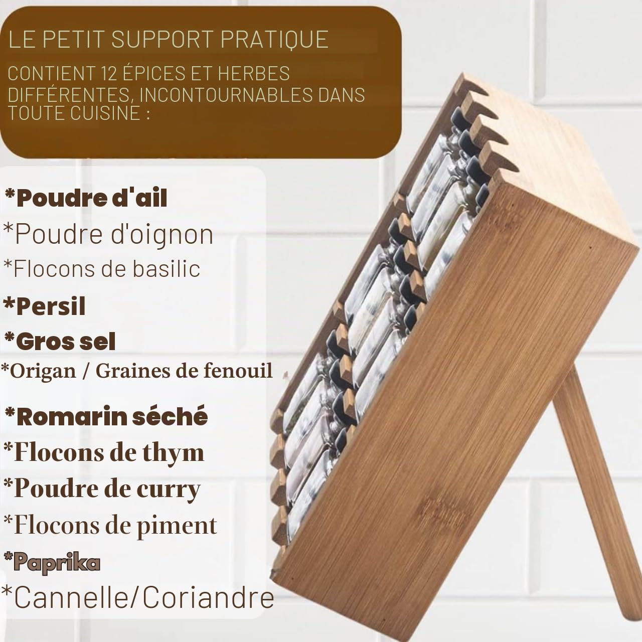 Lot de 12 pots à épices en bois - Recharge sur pied pour herbes contenant 12 épices incluses pour la cuisine - Coffret cadeau parfait