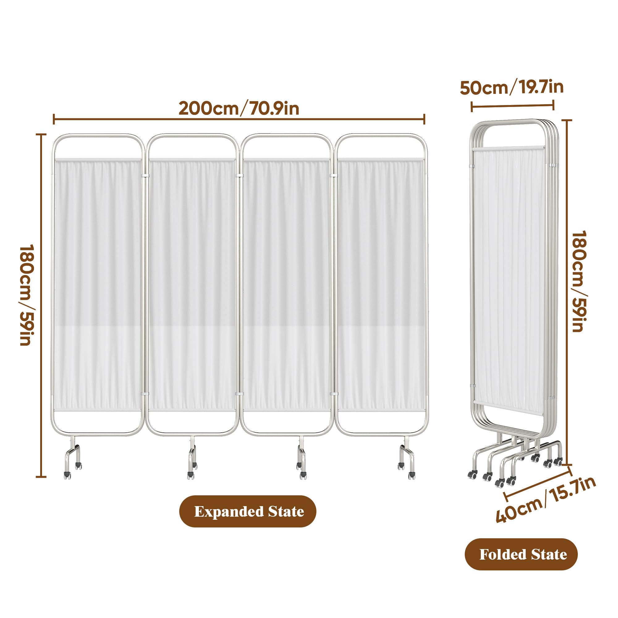 Brise-vue médical, 4 rideaux pliables de séparation de pièce sur roulettes 200 x 180 cm en acier inoxydable pour hôpitaux, maisons de retraite, station médicale temporaire