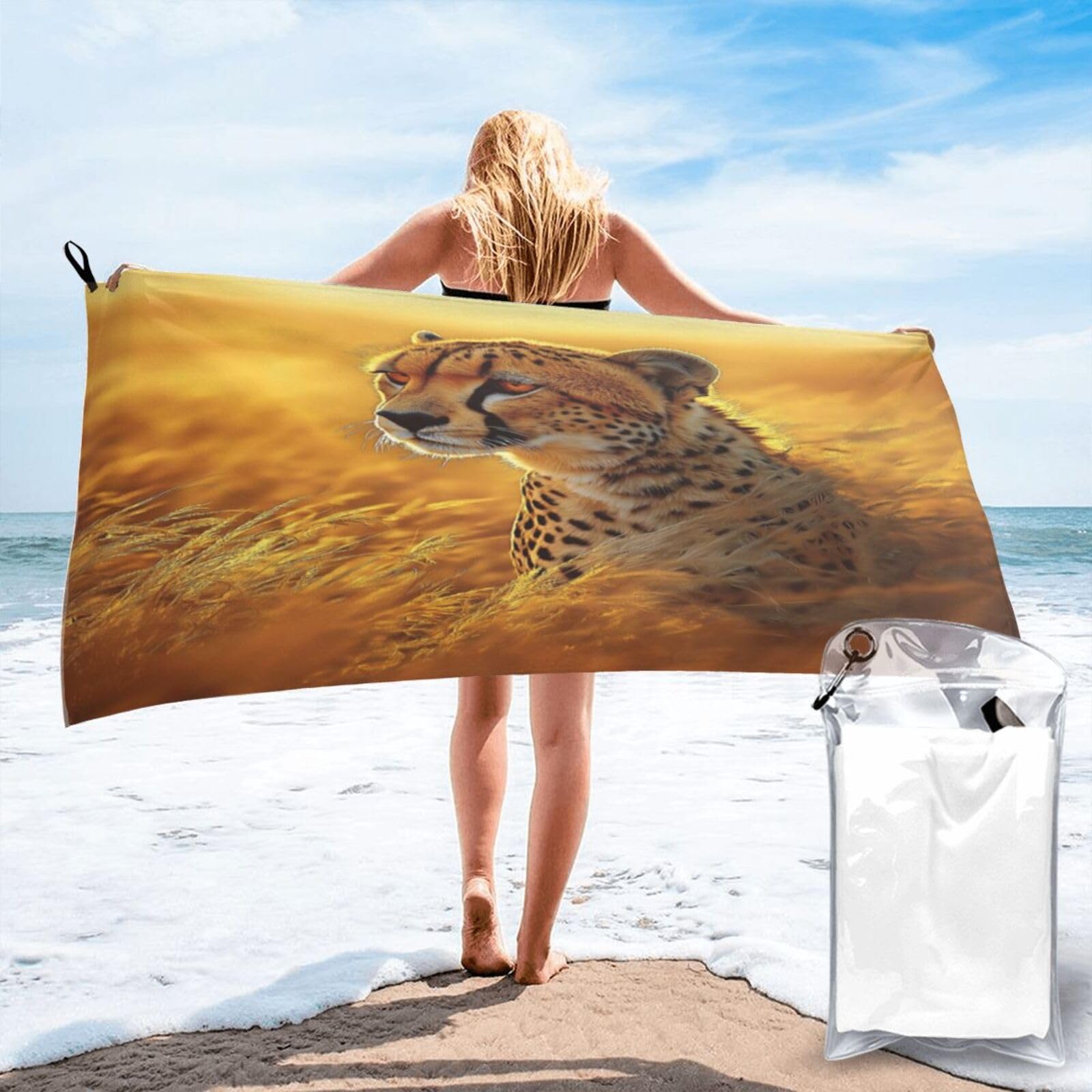 Anceky Golden Sunset Leaping Cheetah Portrait Realistic Digital Art Quick Dry Microfiber Travel Towel with Carry Case and Carabiner 27.5"X55"
