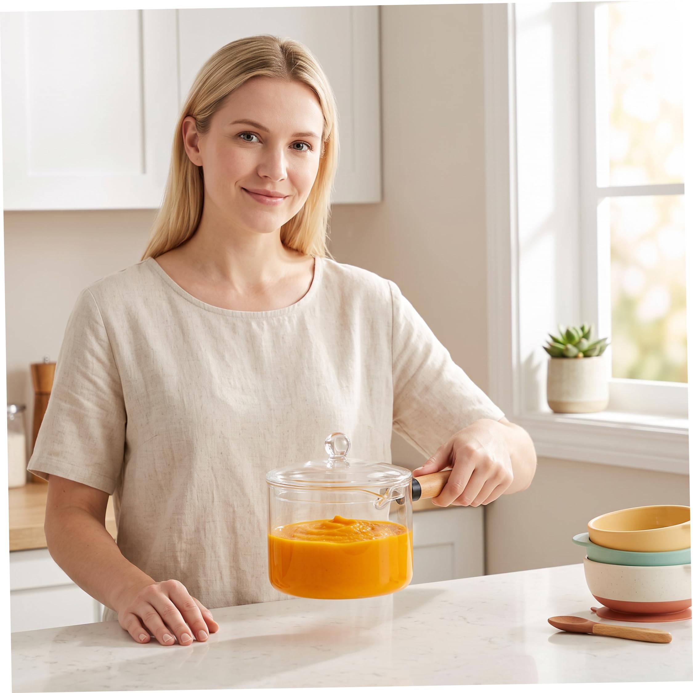 Cacerola de cristal de 1900 ml con mango de madera transparente y tapa para leche