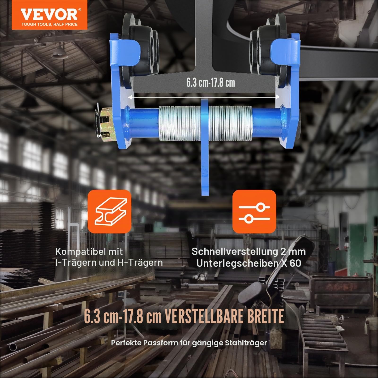 VEVOR Laufkatze 1000 kg Tragkraft Rollfahrwerk mit Doppelrädern, einstellbar für I-Trägerflanschbreite 63,5 bis 177,8 mm Hochleistungs-Garagenhebezeug aus legiertem Stahl für gerade gebogene I-Träger