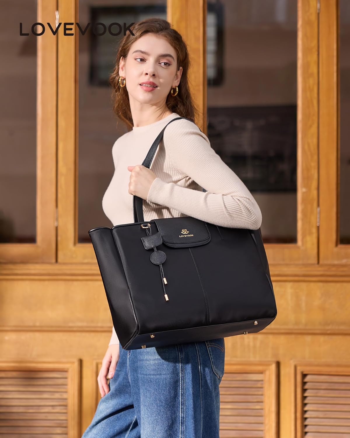 LOVEVOOK Laptop Tote Bag for Women,Nylon Work Totes with 15.6 Inch Laptop Compartments, Lightweight Computer Purse with Large Cup Holder,Travel Tote with Luggage Straps - Image 2