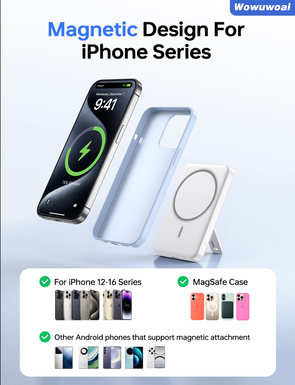 Caricabatterie portatile, power bank wireless da 10000mAh con supporto, bianco