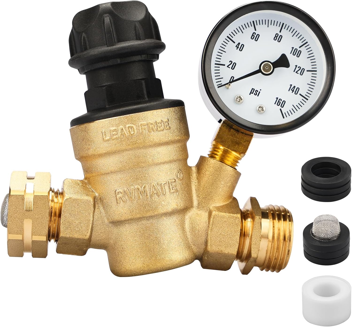 RVMATE Regulador de presión de agua RV con perilla ajustable, kit reductor de presión de agua de latón sin plomo, válvula ajustable con filtro de