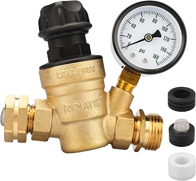 RVMATE RV Water Pressure Regulator with Adjustable Knob Brass Lead Free Water Pressure Reduction Kit with Adjustable Valve Inlet Screen Filter for Camper Travel Trailer