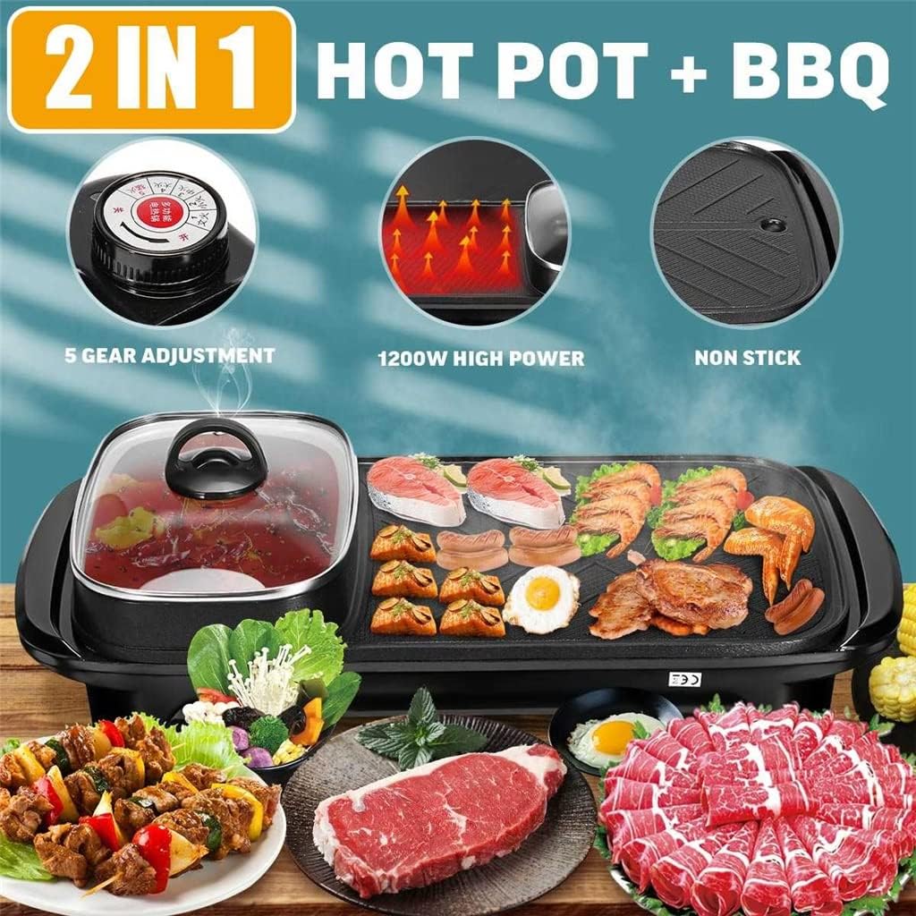 2 in 1 220V 1200W Electric Grill Hot Pot Barbecue Multifunction Buffet Griddle for Family Friends Gatherings Party (Black 20"x8.7"x4.3") (Black 20"x8.7"x4.3")
