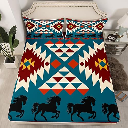 Miniatura 2 de Juego de sábanas de caballo indio africano con geometría tribal, juego de sábanas bajeras nativas aztecas del suroeste, sábana superior de animales