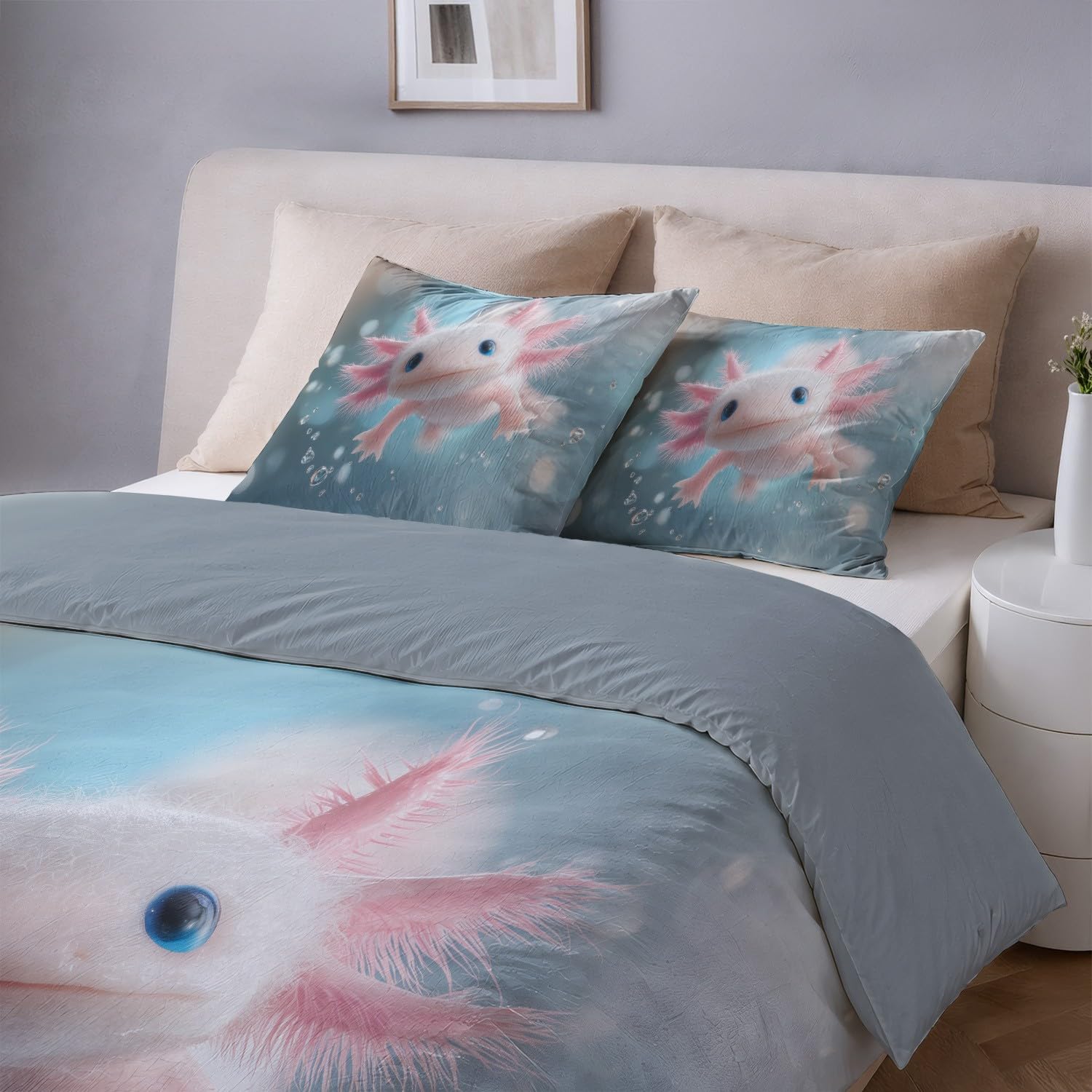 Funda Nórdica Cama 90 Funda de Edredón Azul de Microfibra Juego de Cama para Adulto Dibujos Animados Animales Salamandra Reversible Ropa de Cama con Cremallera y Fundas de Almohada 50x75 CM